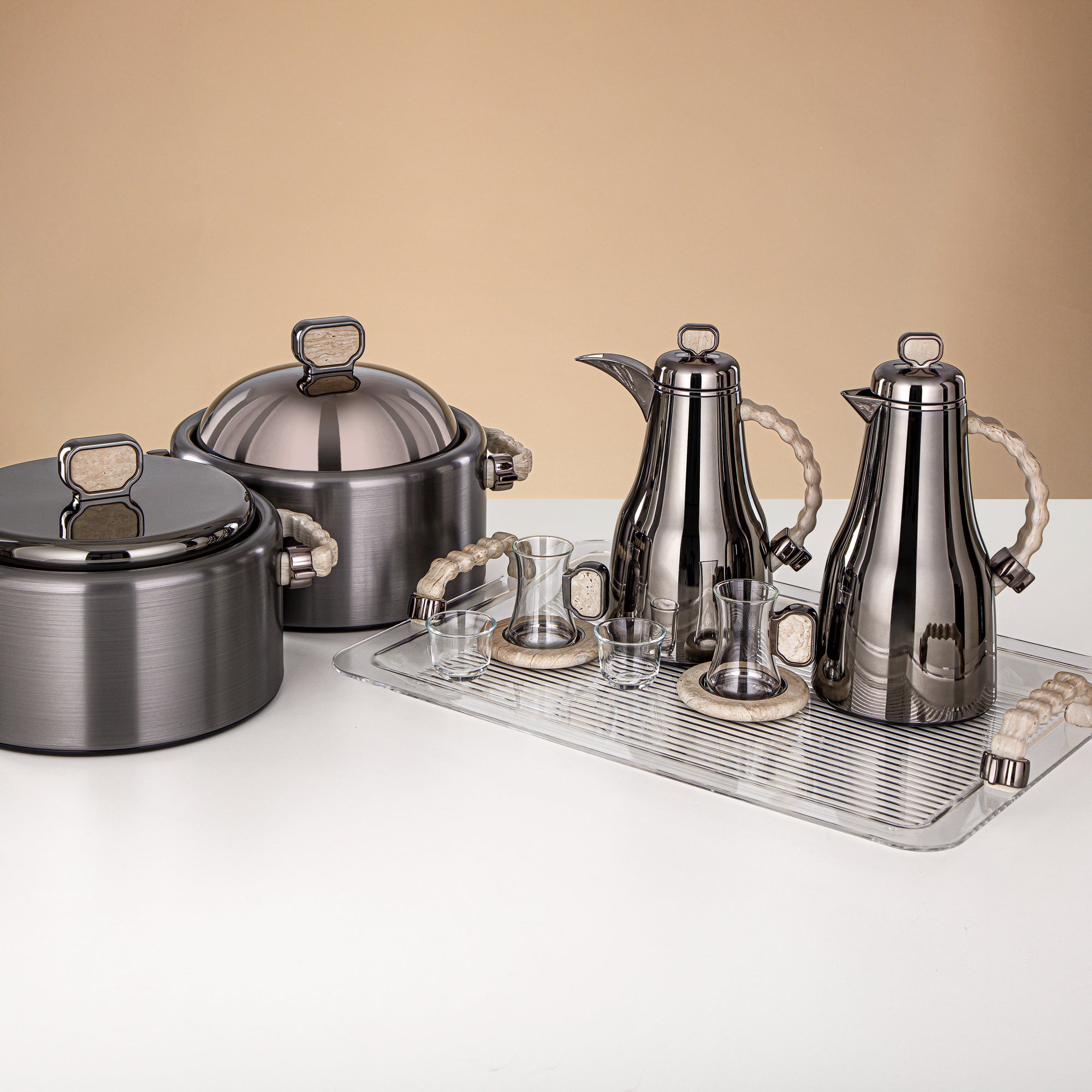 Almarjan 23 Pieces Serving Set, Gun Black & Travertine Marble