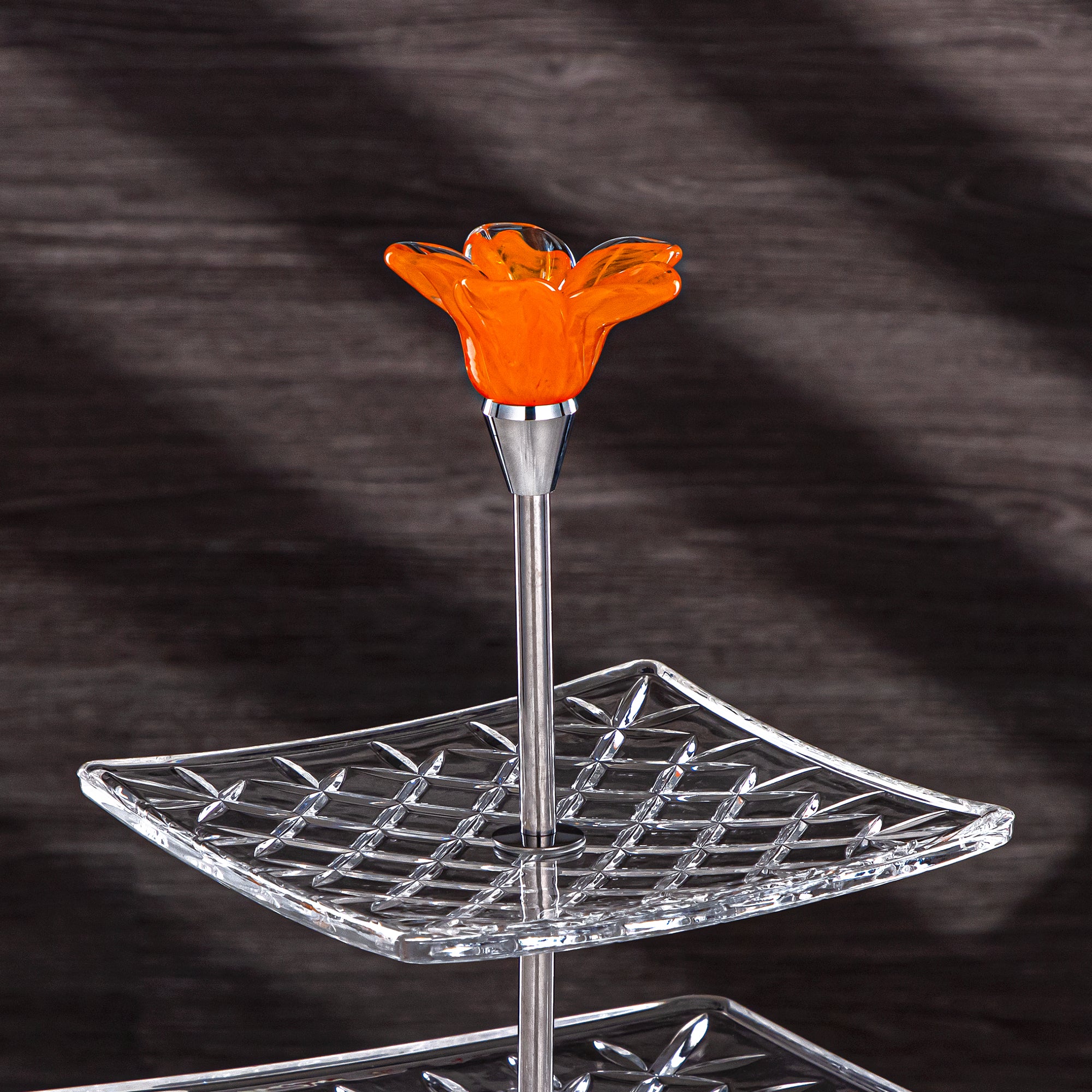 Almarjan Serveware Glass 2-Tier Square Clear with Orange Flower