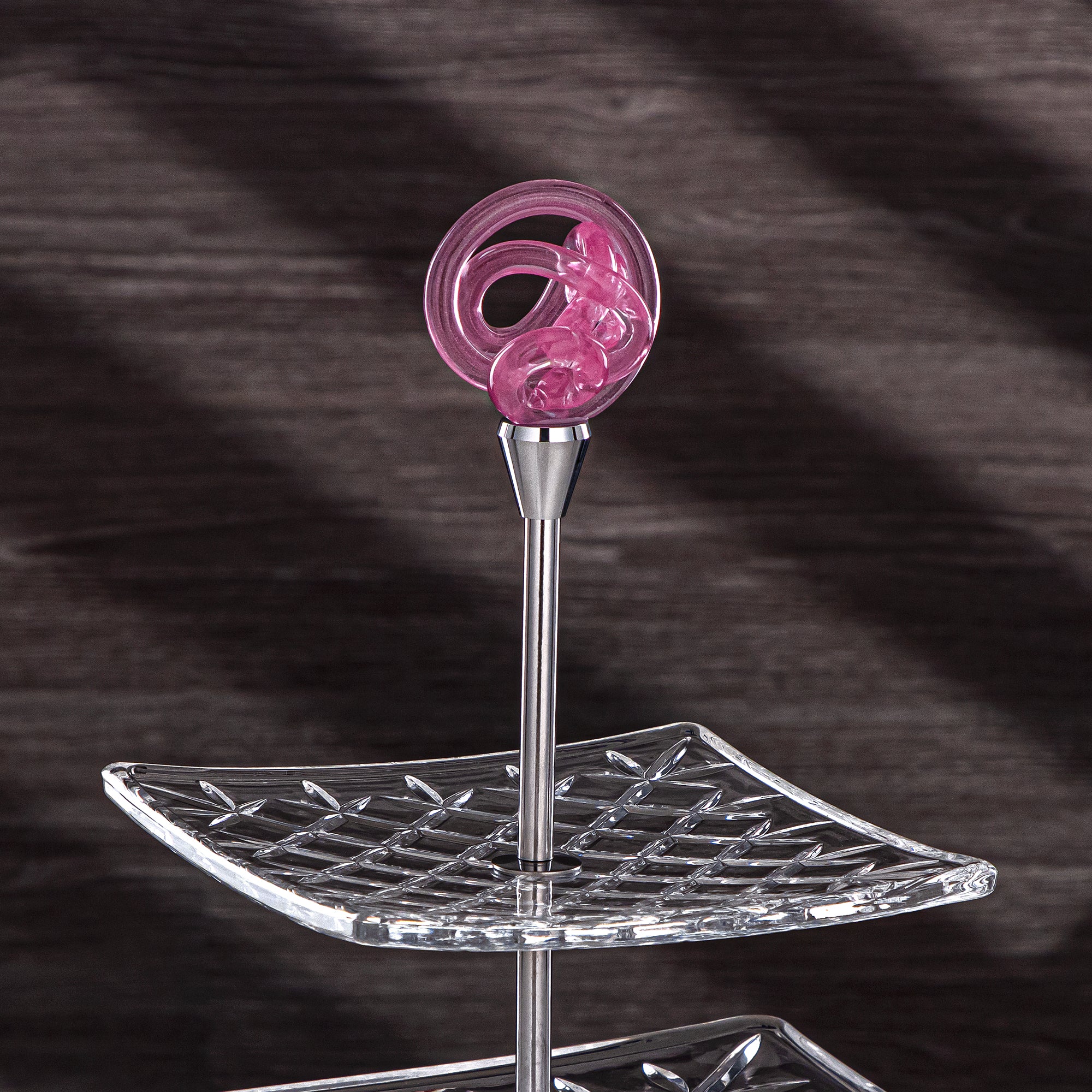 Almarjan Serveware Glass 2-Tier Square Clear with Pink Knot