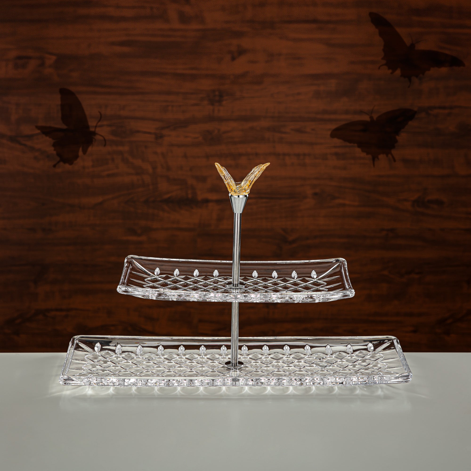 Almarjan Rectangle Sweet Stand Glass Two Tiers Clear & Amber (40816-415/S2-BA) Elegant Hosting Pieces
