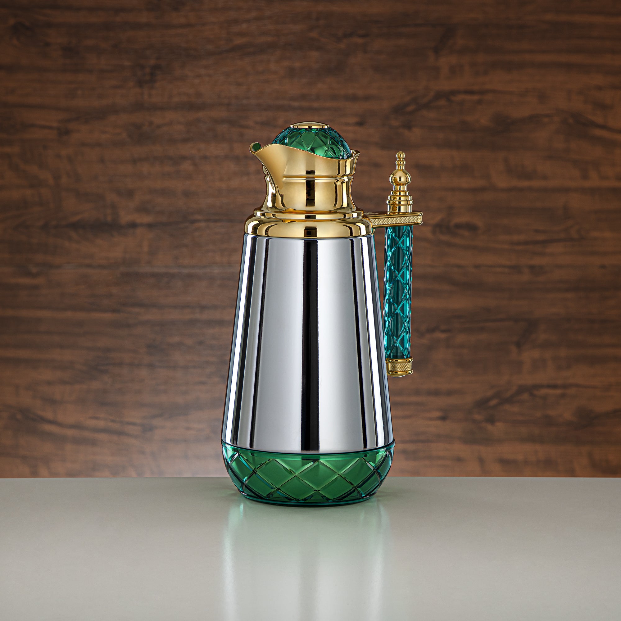 Almarjan Vacuum Flask Set, Push Button, Acrylic Handle - 0.7L + 1L, Silver, Gold & Green (CBY+CBZ-CGG) - Classic Vacuum Flasks