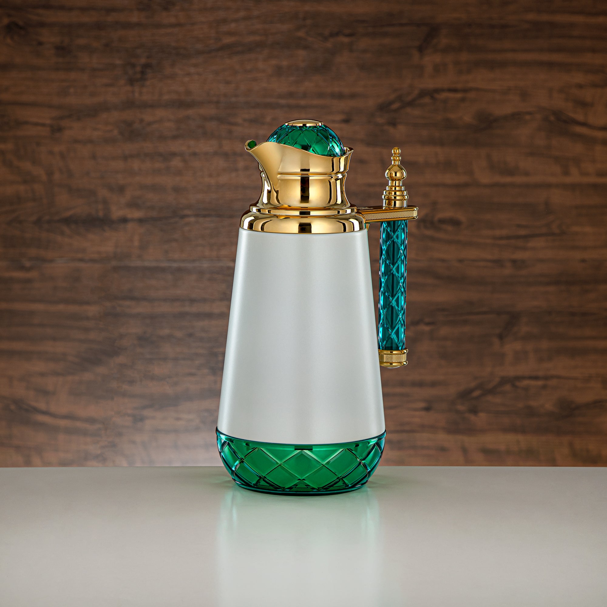 Almarjan Vacuum Flask Set, Push Button, Acrylic Handle - 0.7L + 1L, White, Gold & Green (CBY+CBZ-WGG) - Classic Vacuum Flasks