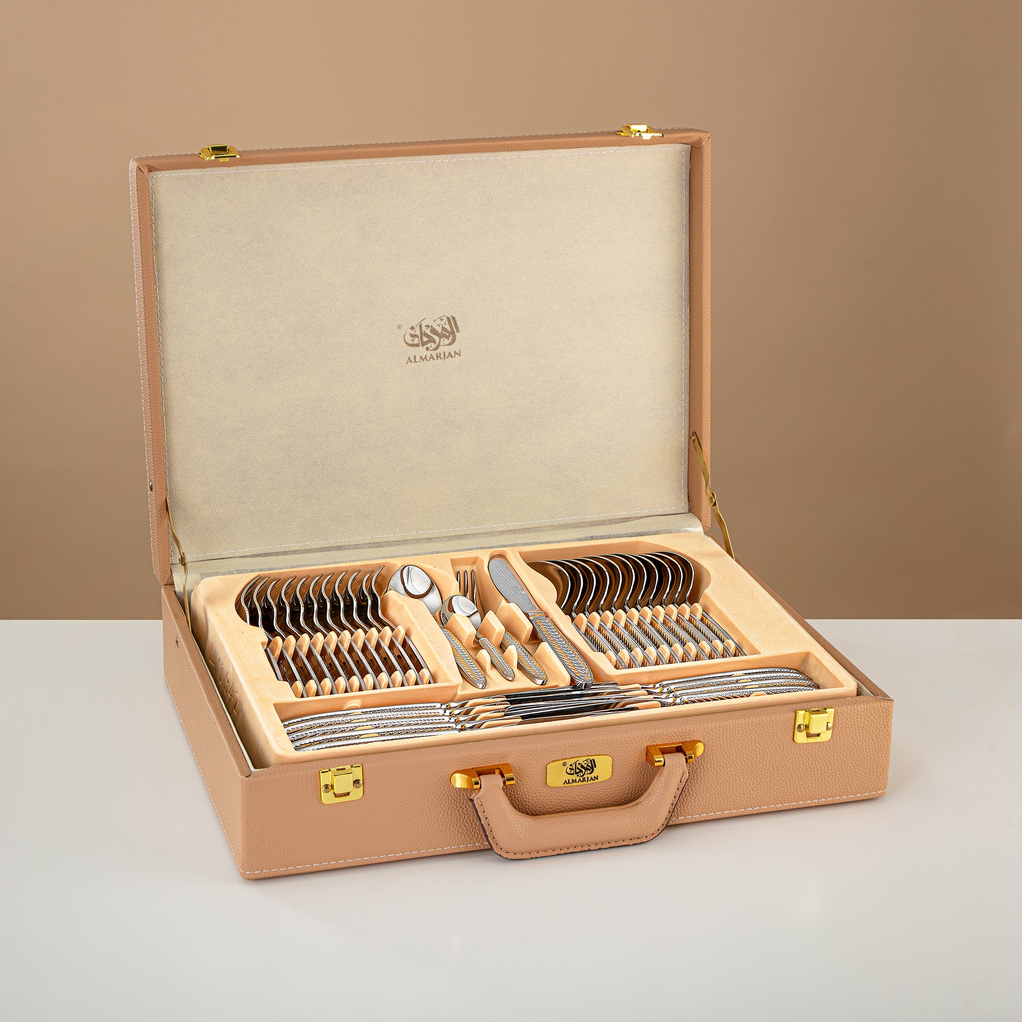 Almarjan Cutlery Set 72 Pieces, Stainless Steel, Leather Case, Silver & Gold (CUT0010432) Elegant Cutlery Set