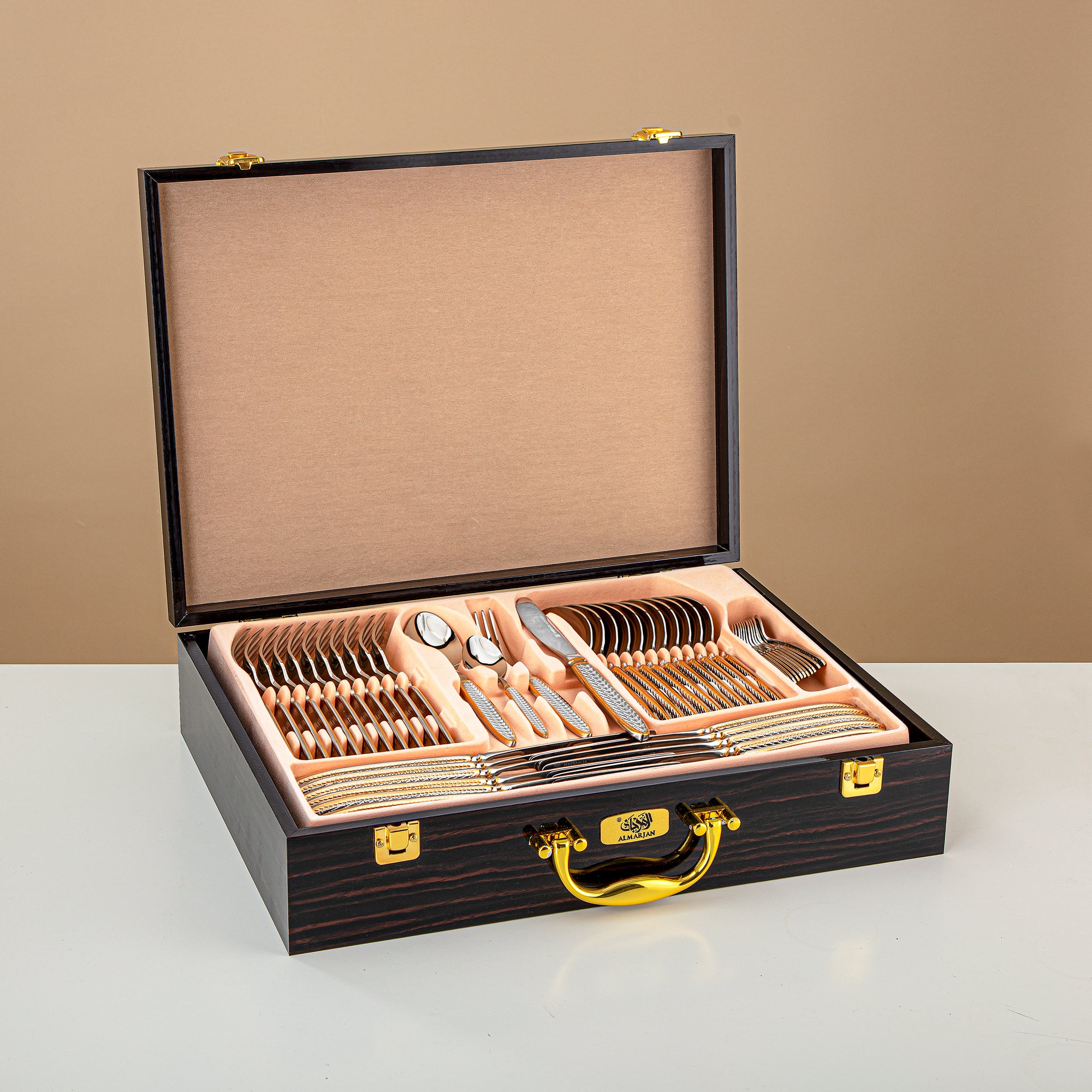 Almarjan Cutlery Set 84 Pieces, Stainless Steel, Leather Case, Silver & Gold (CUT0010435) Elegant Cutlery Set