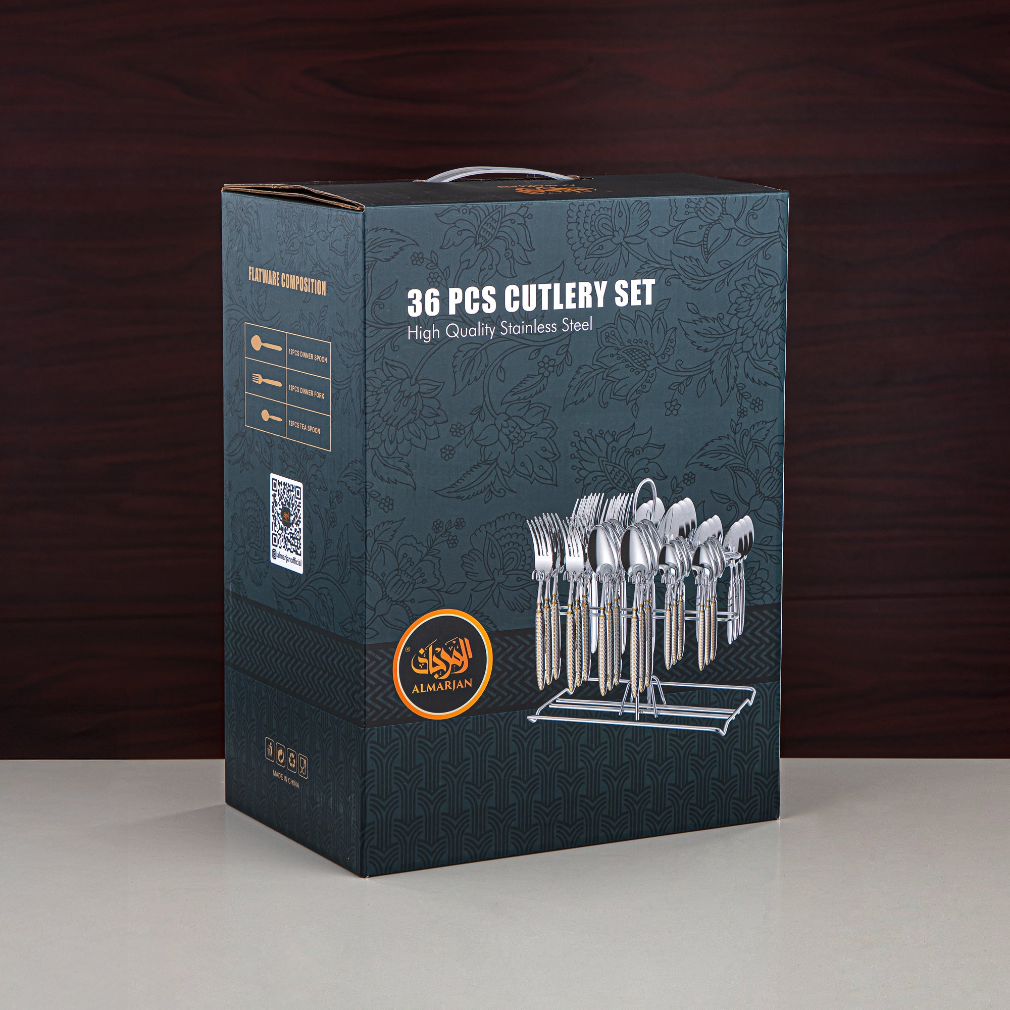 طقم أدوات مائدة المرجان 36 قطعة، ستانلس ستيل، مع حامل، فضي وذهبي (CUT0010443) طقم أدوات مائدة أنيق