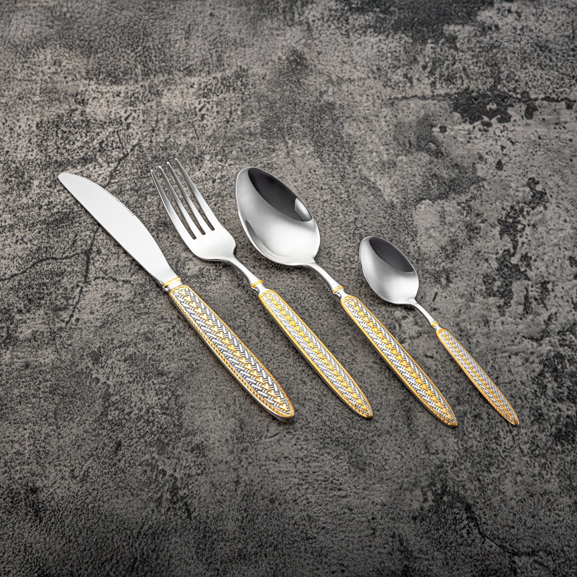 Almarjan Cutlery Set 32 Pieces, Stainless Steel, With Stand, Silver & Gold (CUT0010446) Elegant Cutlery Set