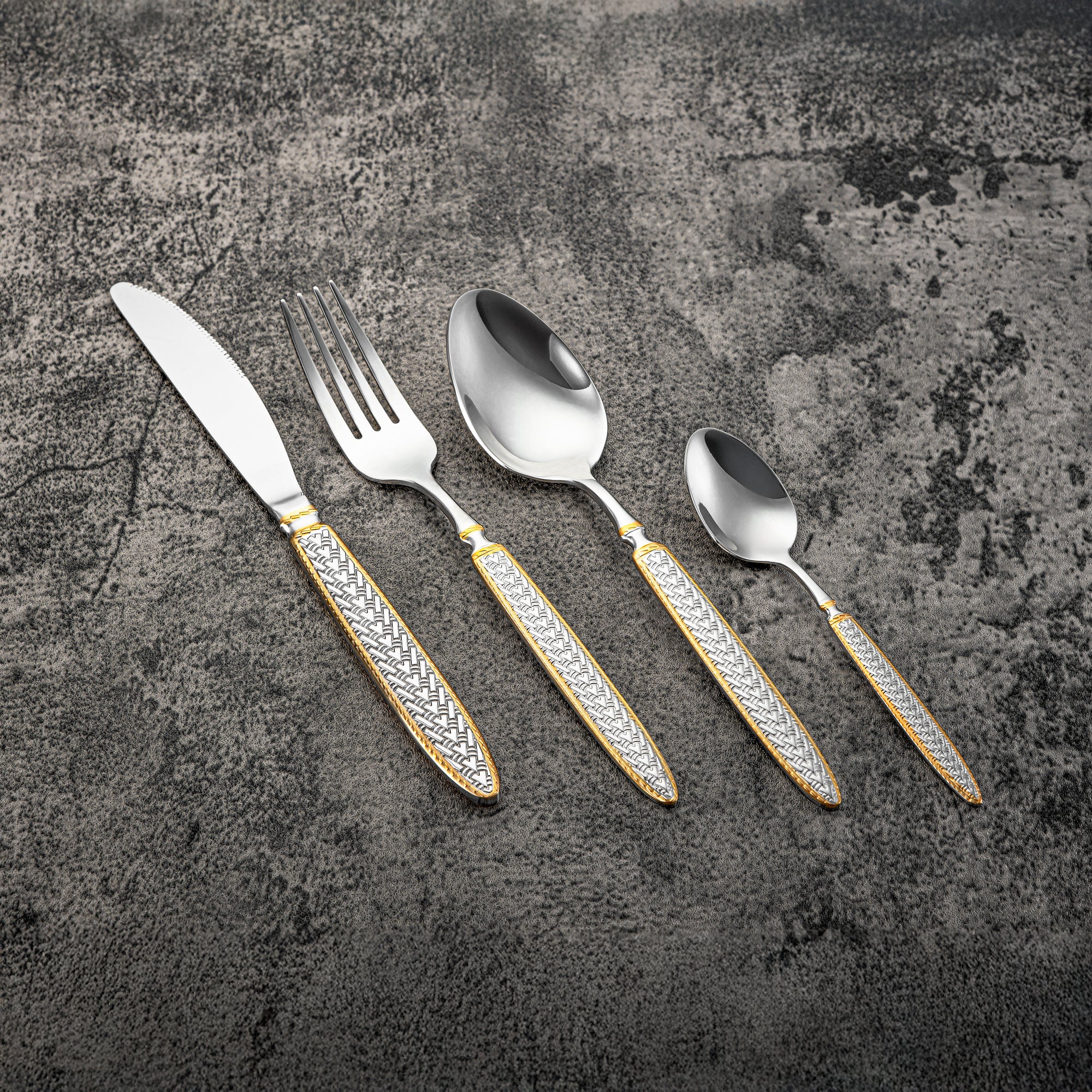 Almarjan Cutlery Set 32 Pieces, Stainless Steel, With Stand, Silver & Gold (CUT0010447) Elegant Cutlery Set