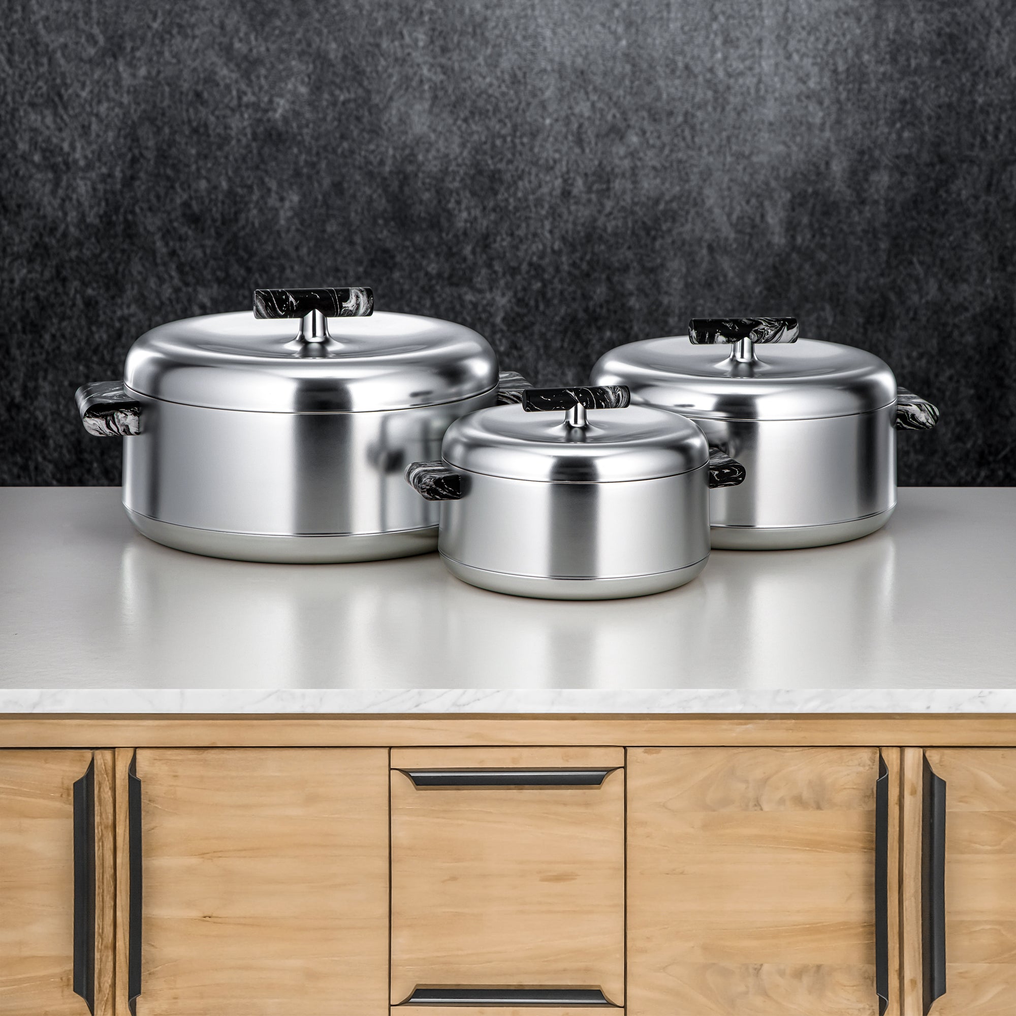 Almarjan Hot Pot Set ABS 1L, 2.5L, 3L Matt silver & black marble (EL-100/250/300 MC/BM)