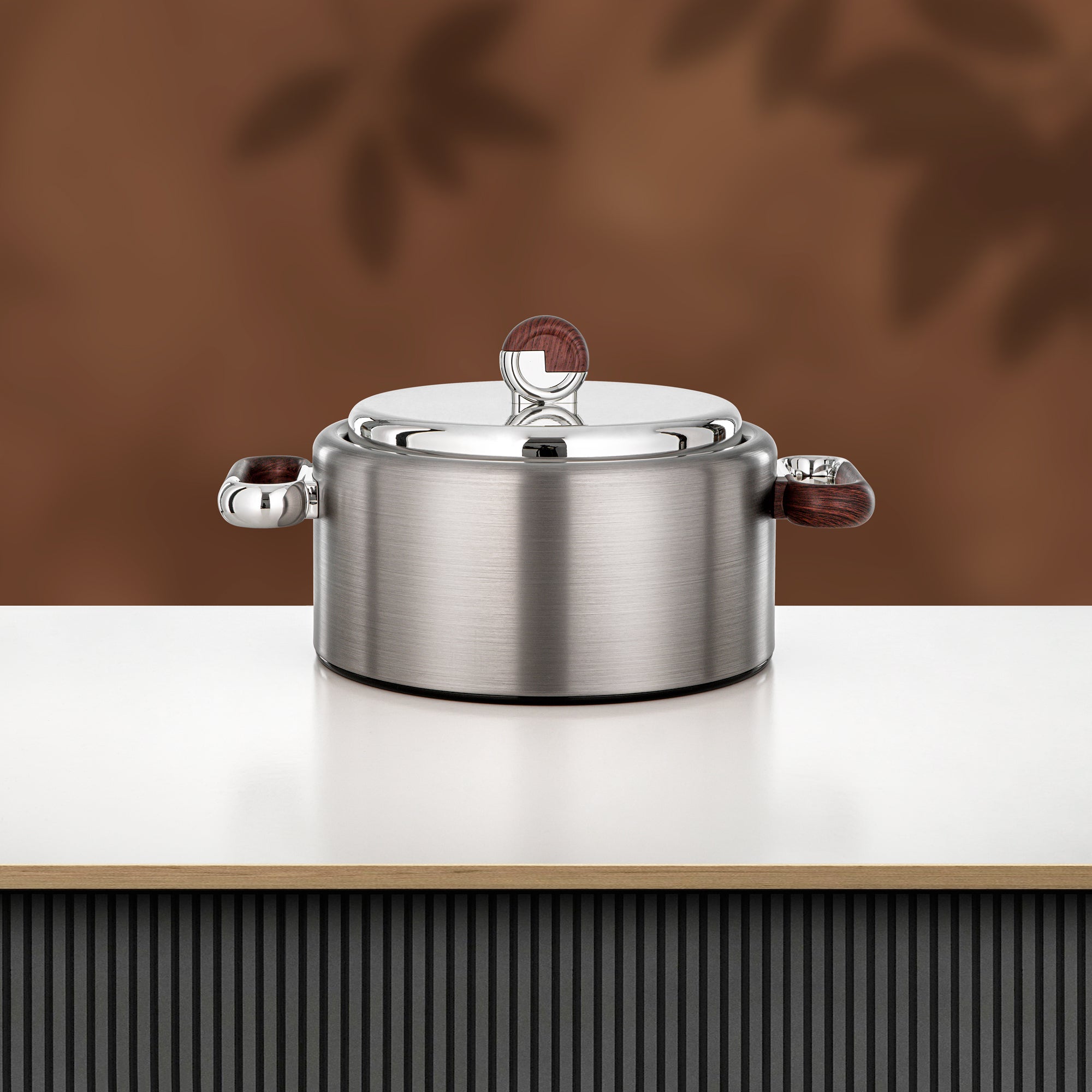 Almarjan 2 Pieces Hot Pot Set, Brushed Matt Silver & Dark Wood