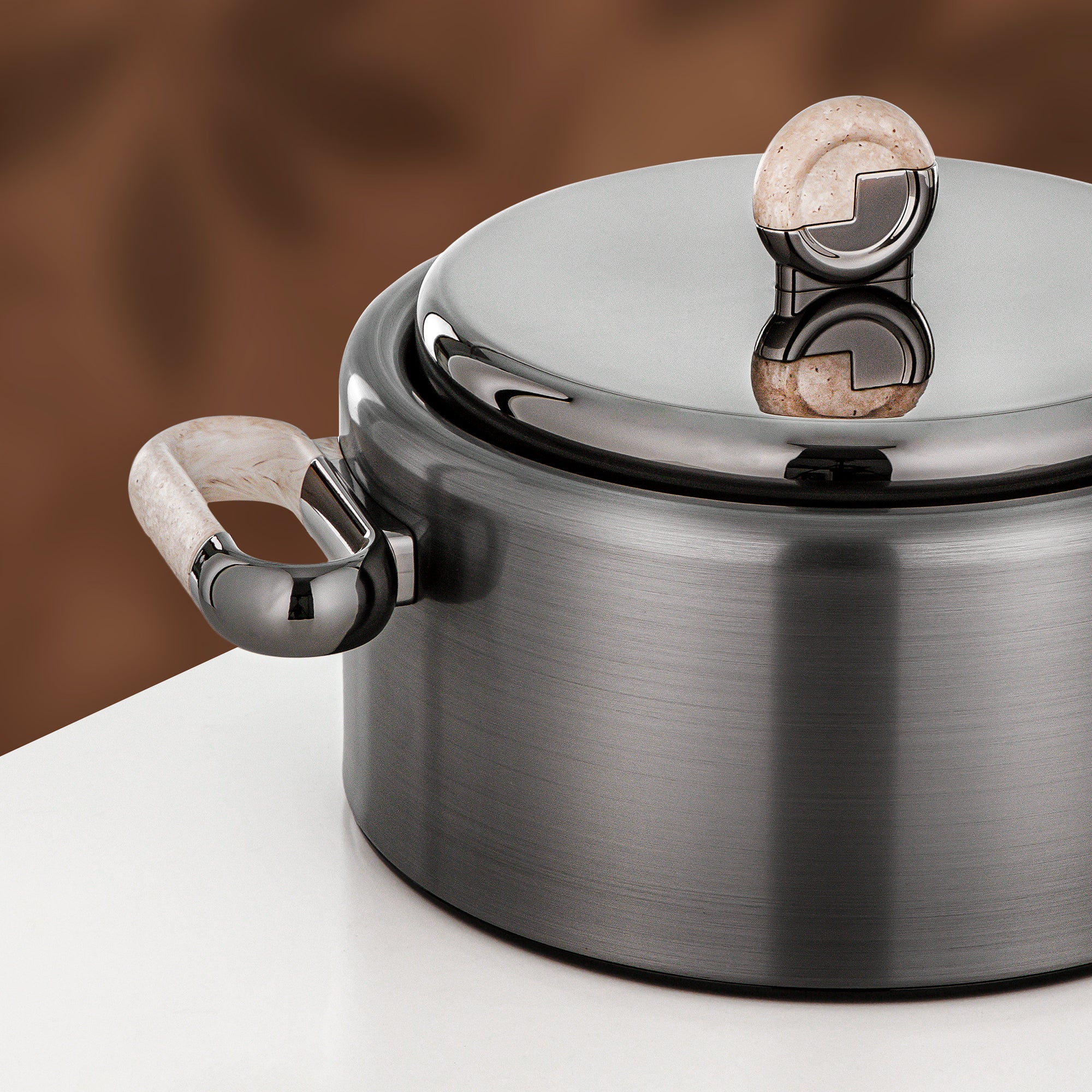 Almarjan 2 Pieces Hot Pot Set, Brushed Matt Gun Black & Travertine Marble