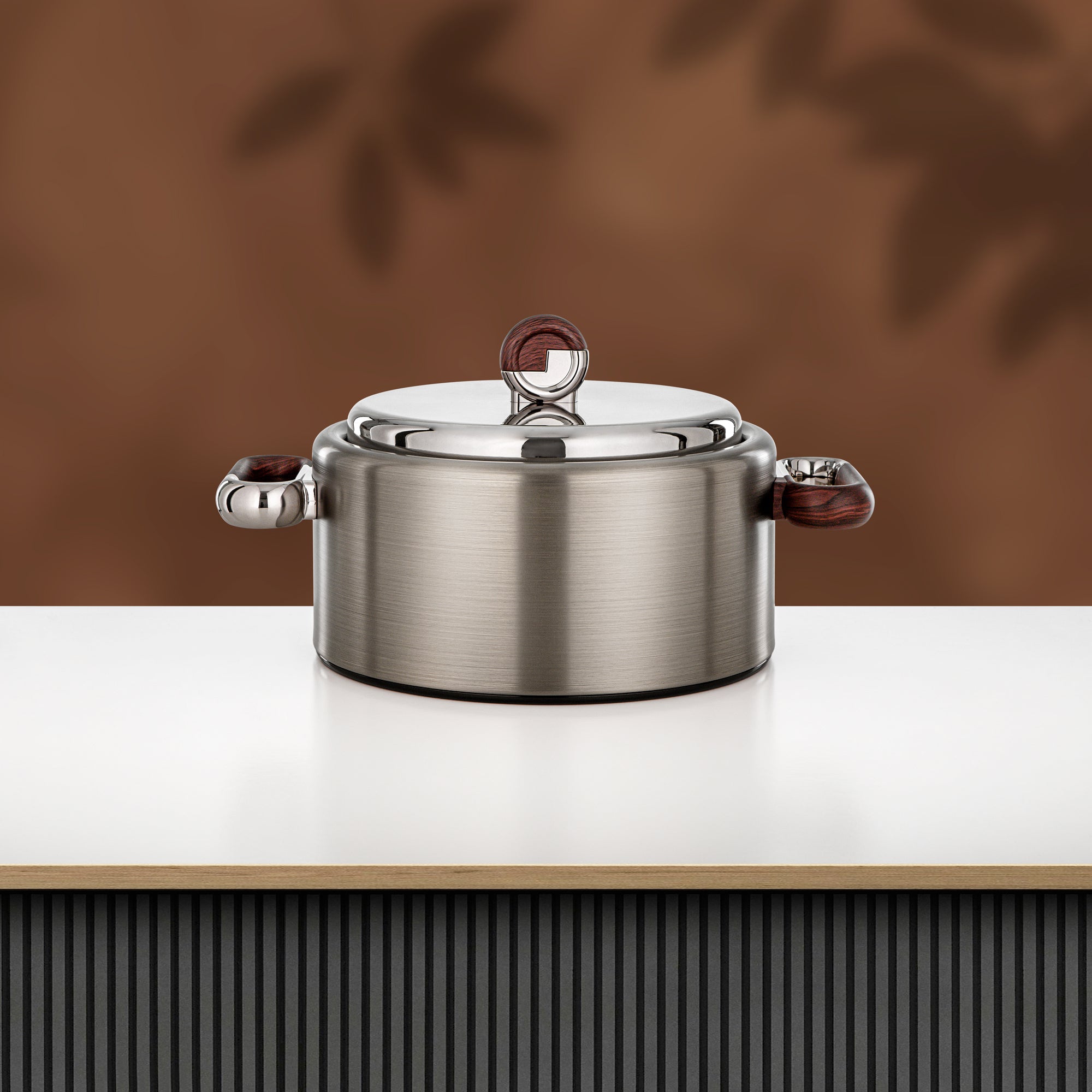 Almarjan 2 Pieces Hot Pot Set, Brushed Matt Nickel & Dark Wood