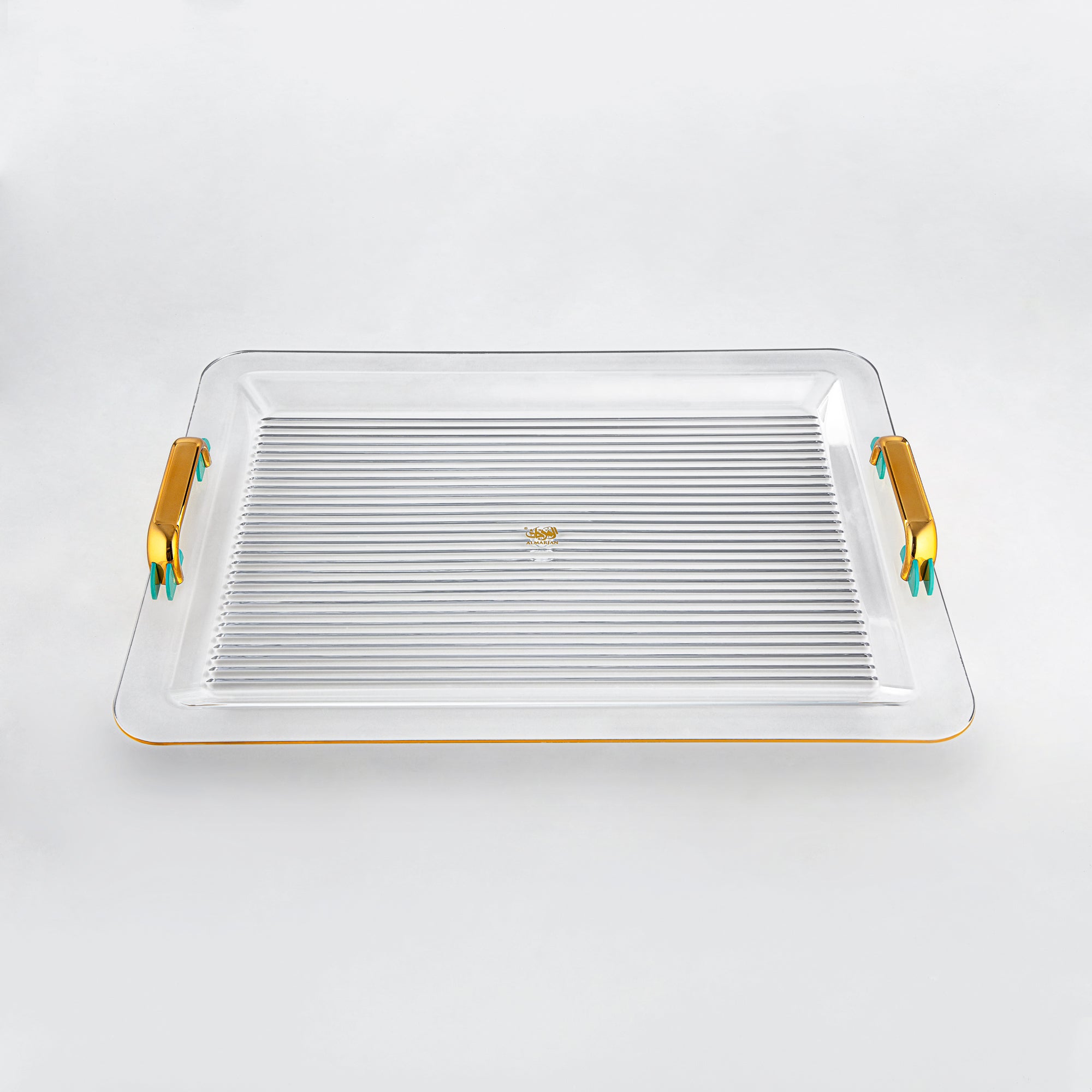 Almarjan Serving Tray 55CM, Acrylic, Gold & Tiffany Green Handle (FB06-550 TF/G) Ramadan Serveware