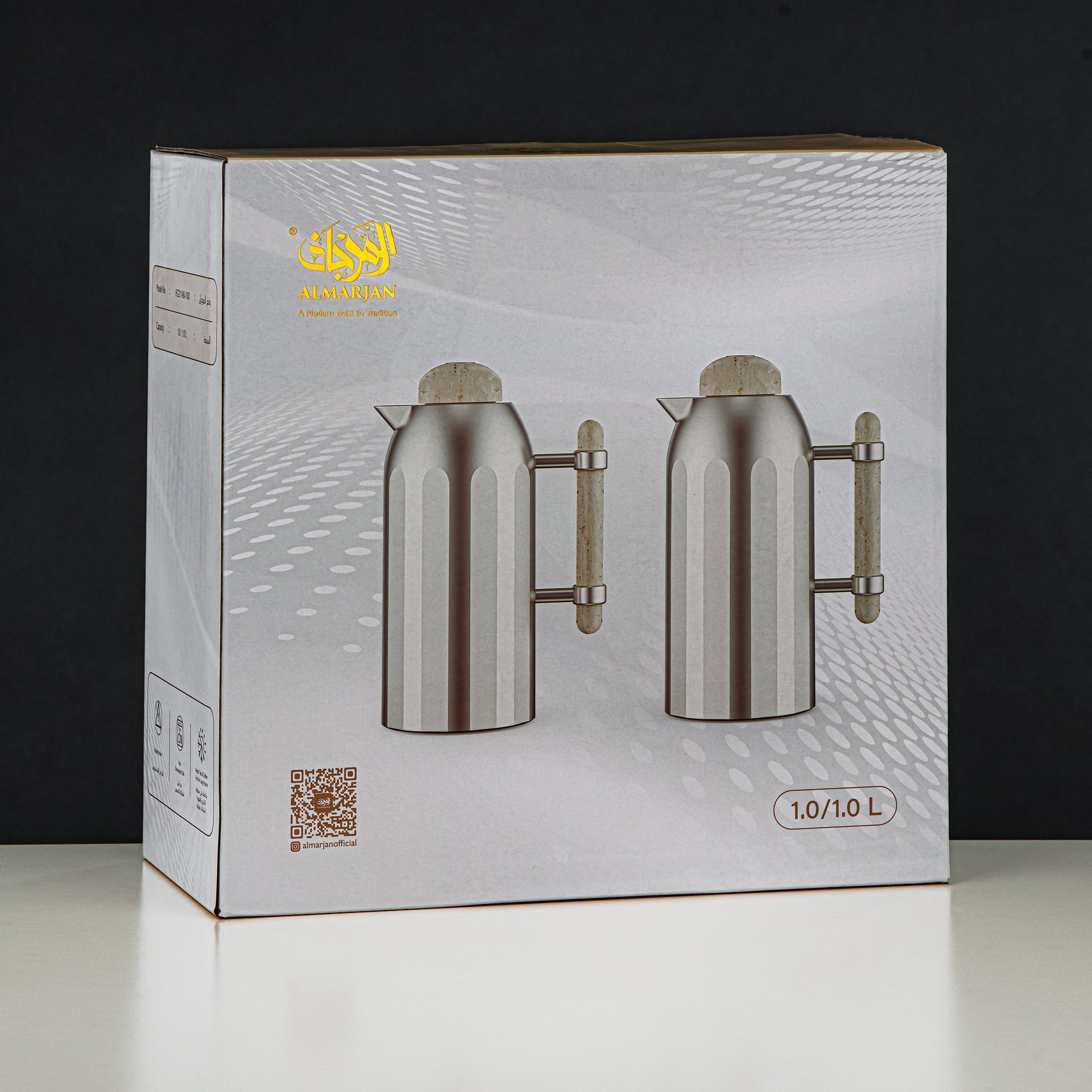 Almarjan Vacuum Flask Set Matt Pearl White with Silver Handle & Cover 1L + 1L (FG211-AB-100 MPW/C) – Elegant Serving | Ramadan & Gatherings