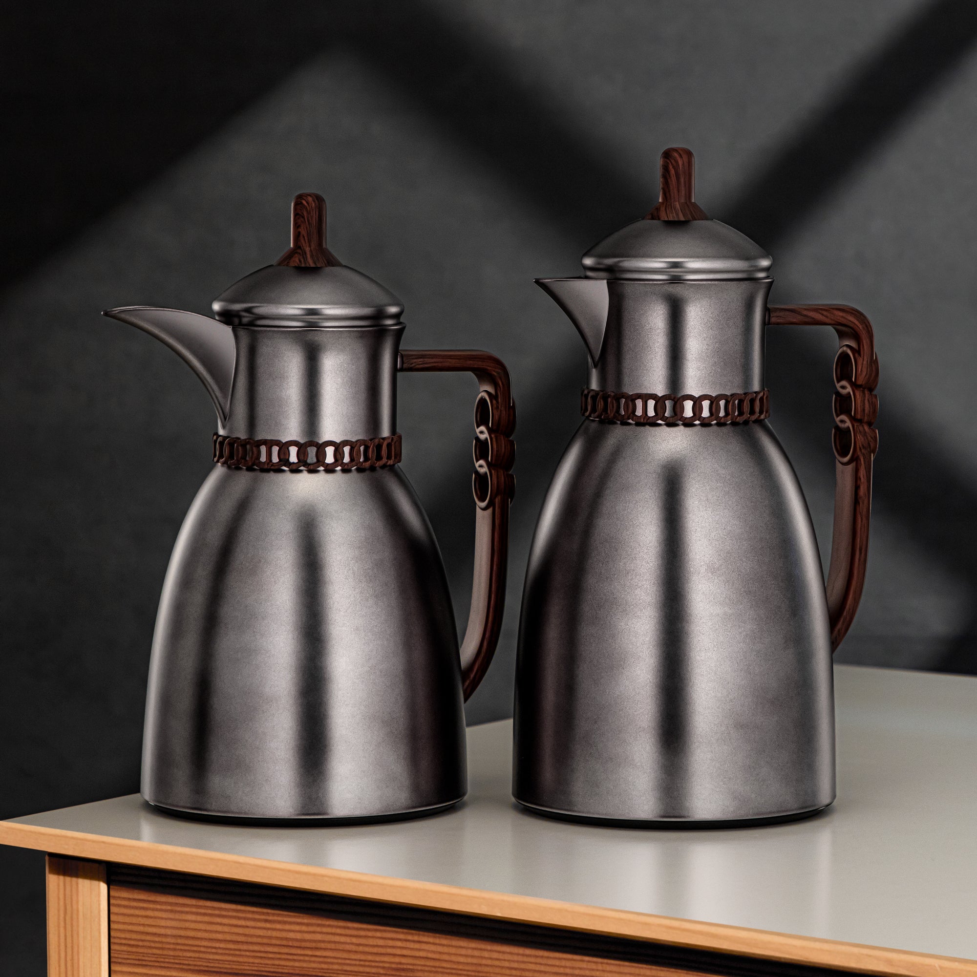 Almarjan Vacuum Flask Set 0.7L & 1L Matt Gun Black & Dark Wood