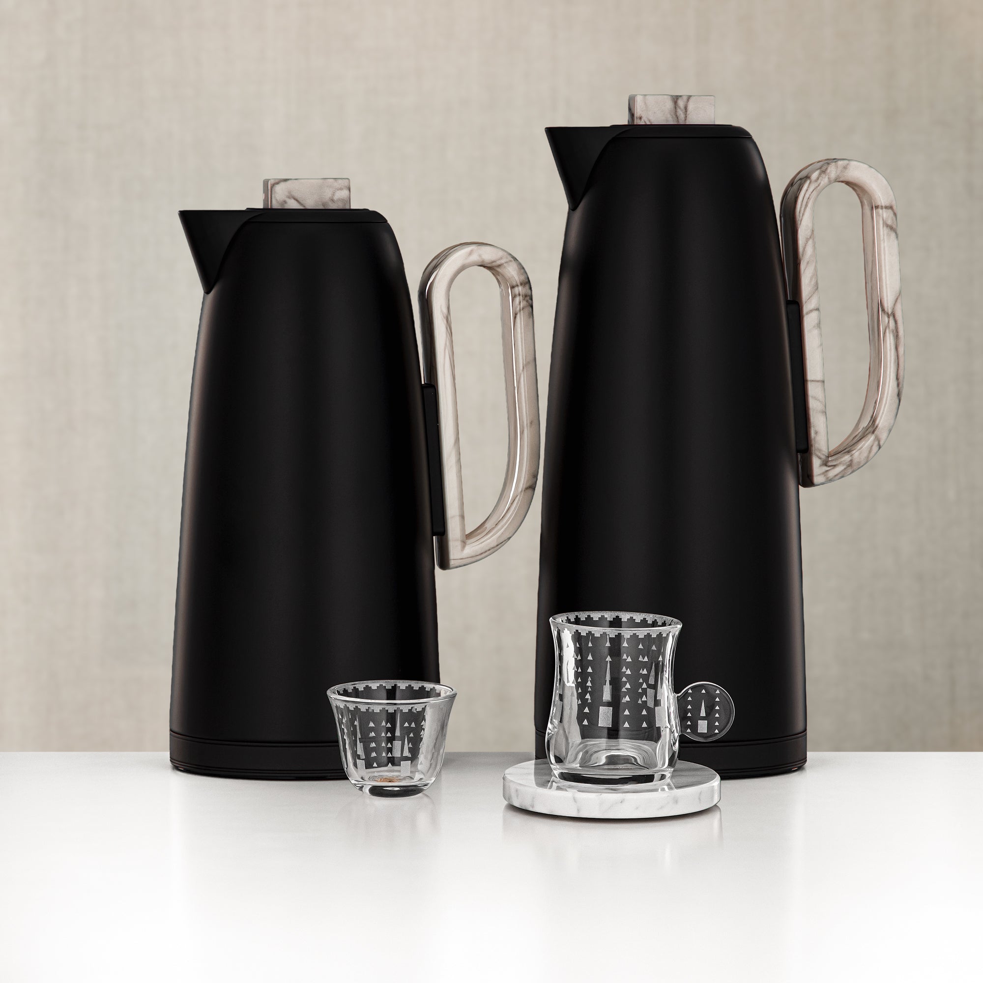 Almarjan Vacuum Flask & Tea Set 20 Pieces Matt Black with Marble Accents