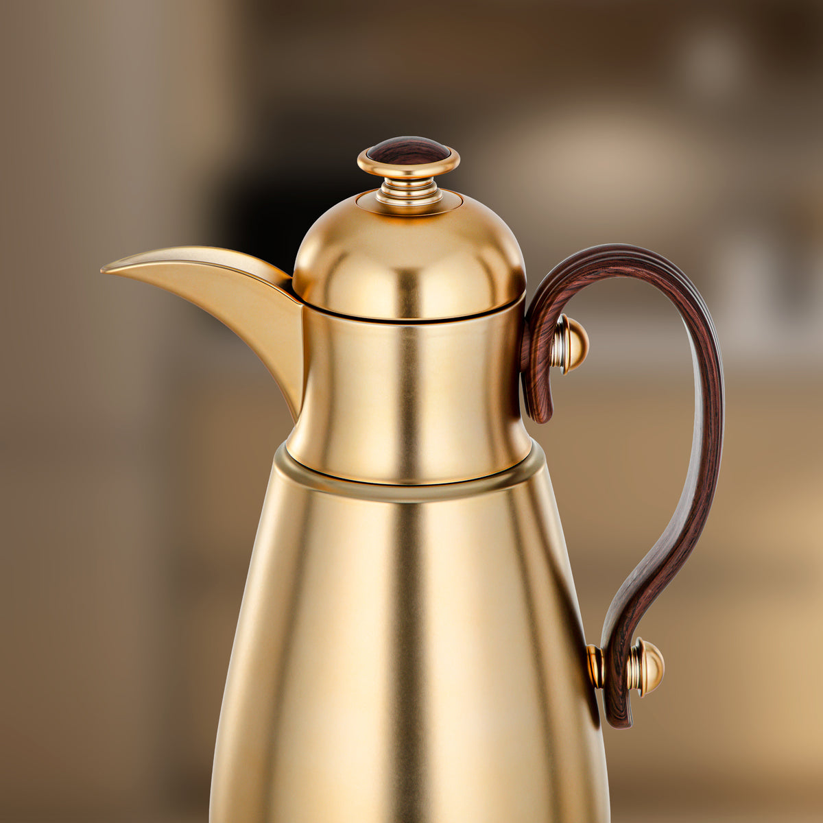Almarjan Double Wall Vacuum Flask 1 Lit, Matt Gold & Dark Wood