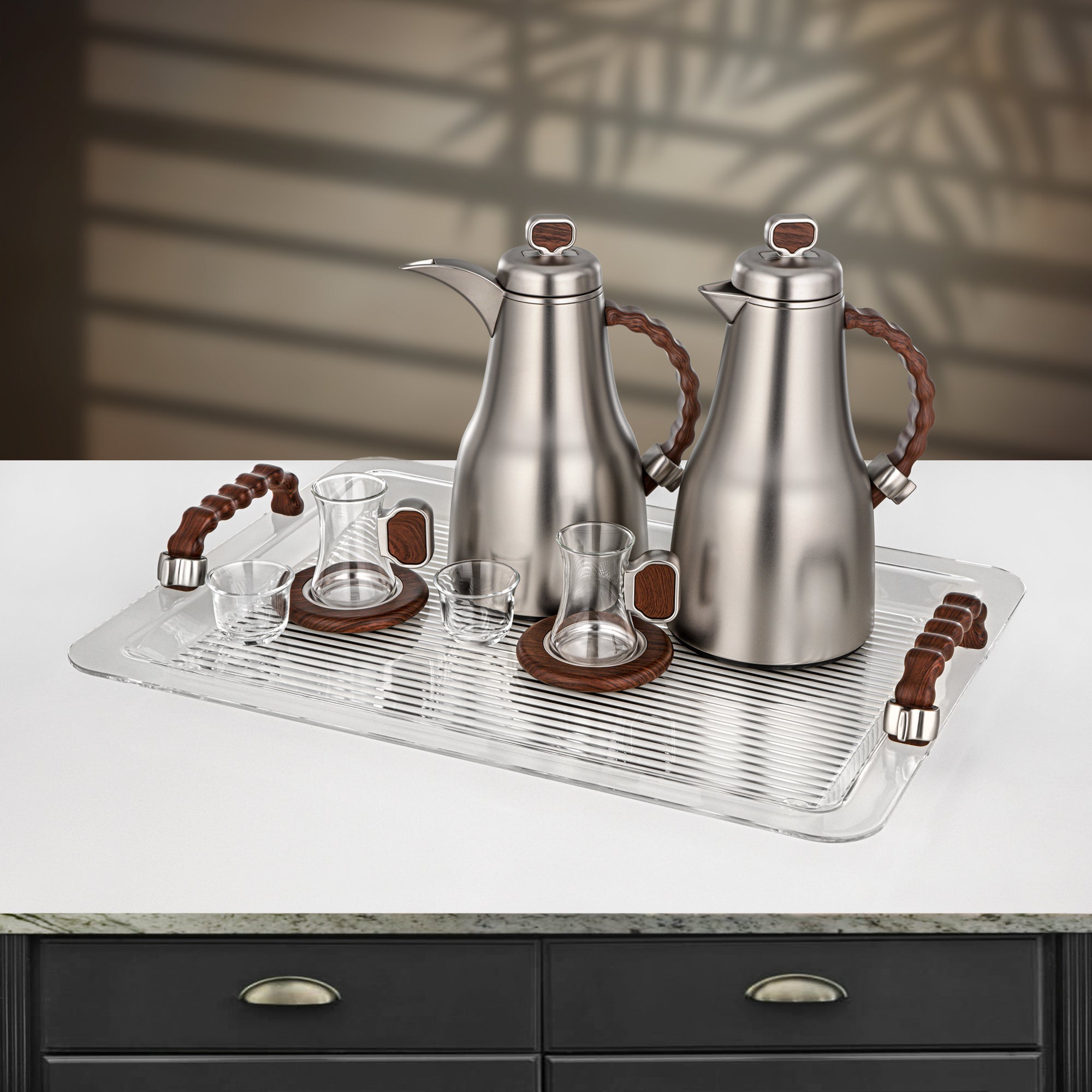 Almarjan 21 Pieces Tea & Coffee Set, Matt Nickel & Dark Wood