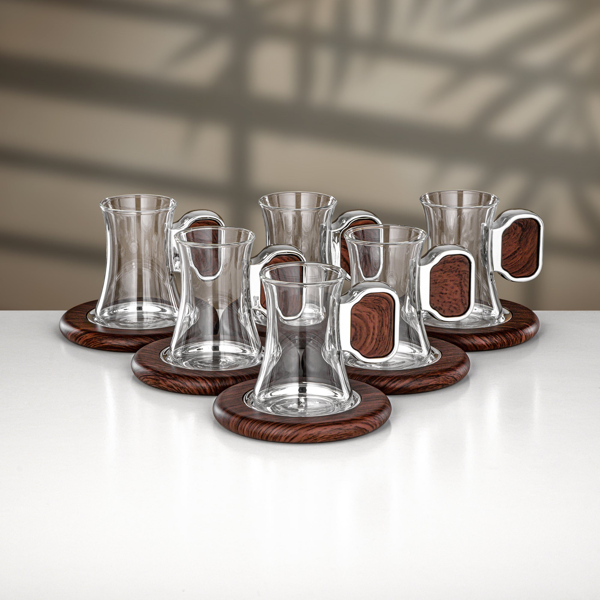 Almarjan 18 Pieces Tea & Cawa Cup Set, Silver & Dark Wood