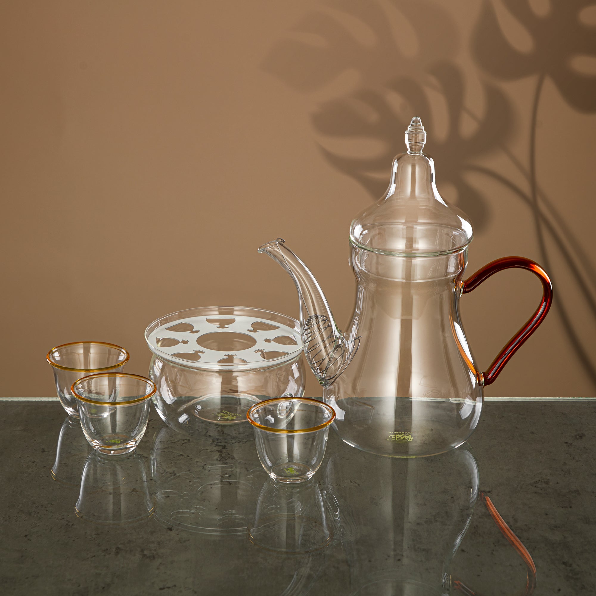 Almarjan Coffee Set 8 Pieces, Borosilicate Glass, Clear & Amber (GLS0010130) - Elegant Serveware