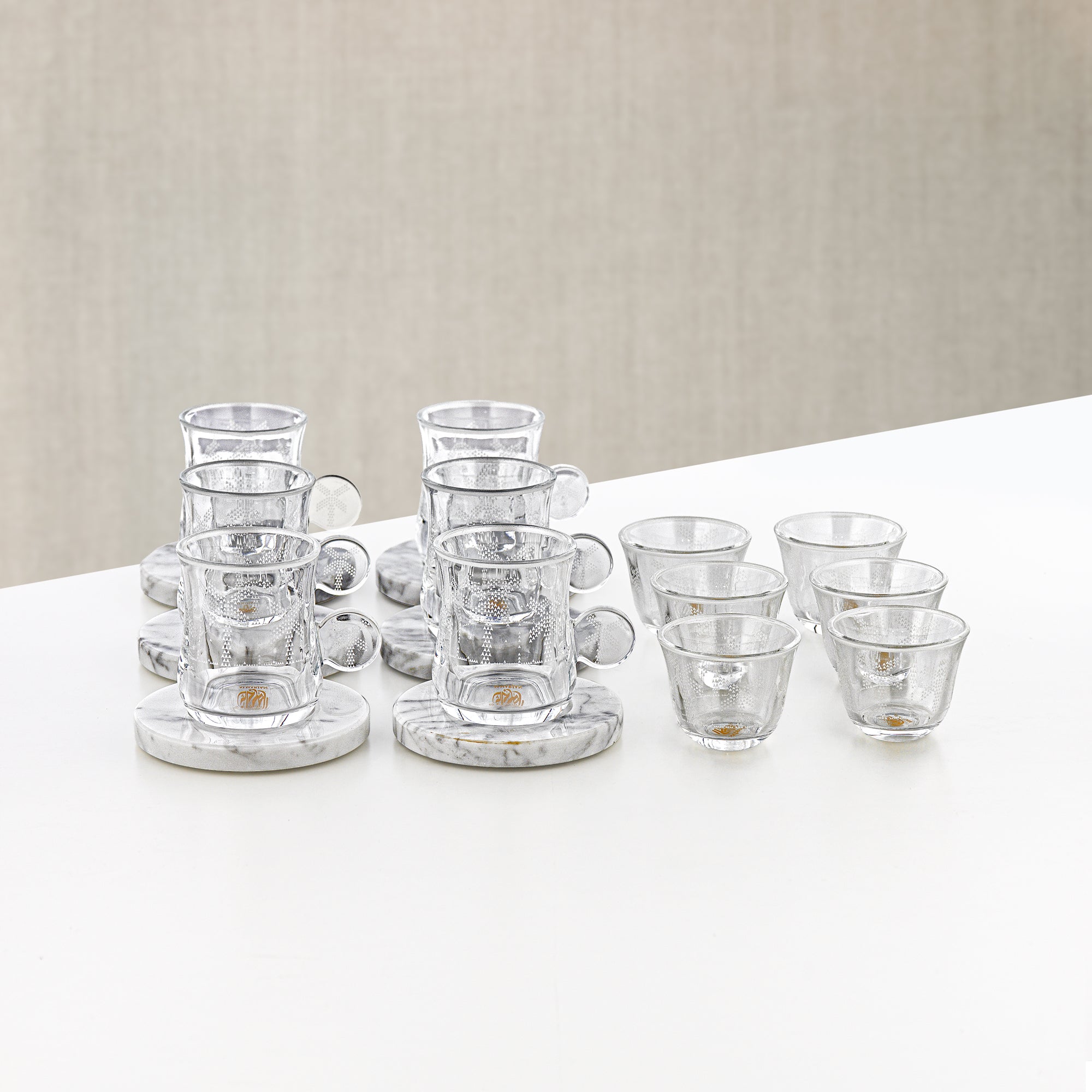 Almarjan Tea & Arabic Coffee Set 18 Pieces Clear Patterned Glass & Marble