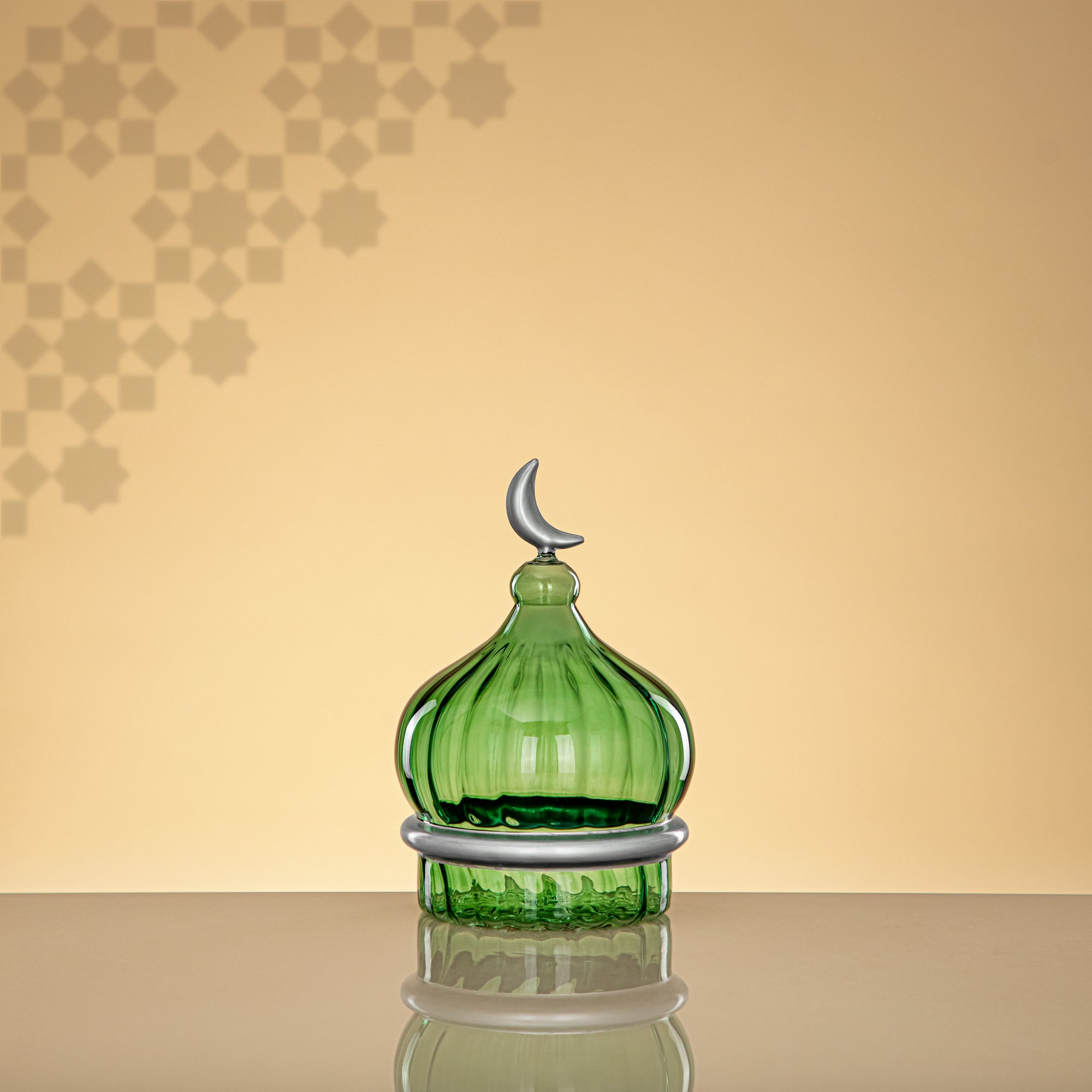 Almarjan Minaret Table Decoration 17cm x 11cm Transparent Green with Silver Lines & Crescent Moon – Noor Al Layali