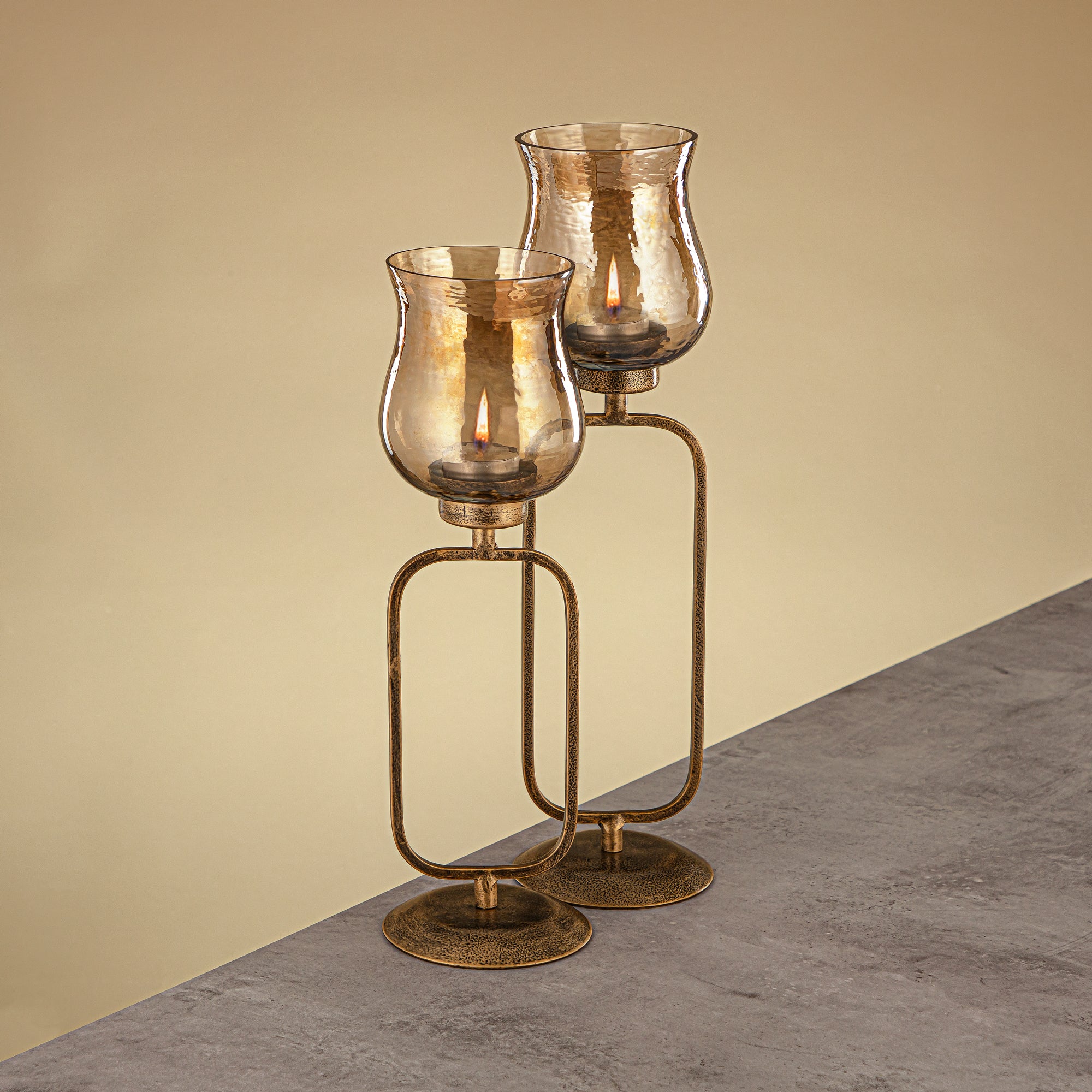 Almarjan Elemental Votive Holder Hammered Copper Brown Glass 11x11x36 CM Antique Gold Stand (GMT2960009)