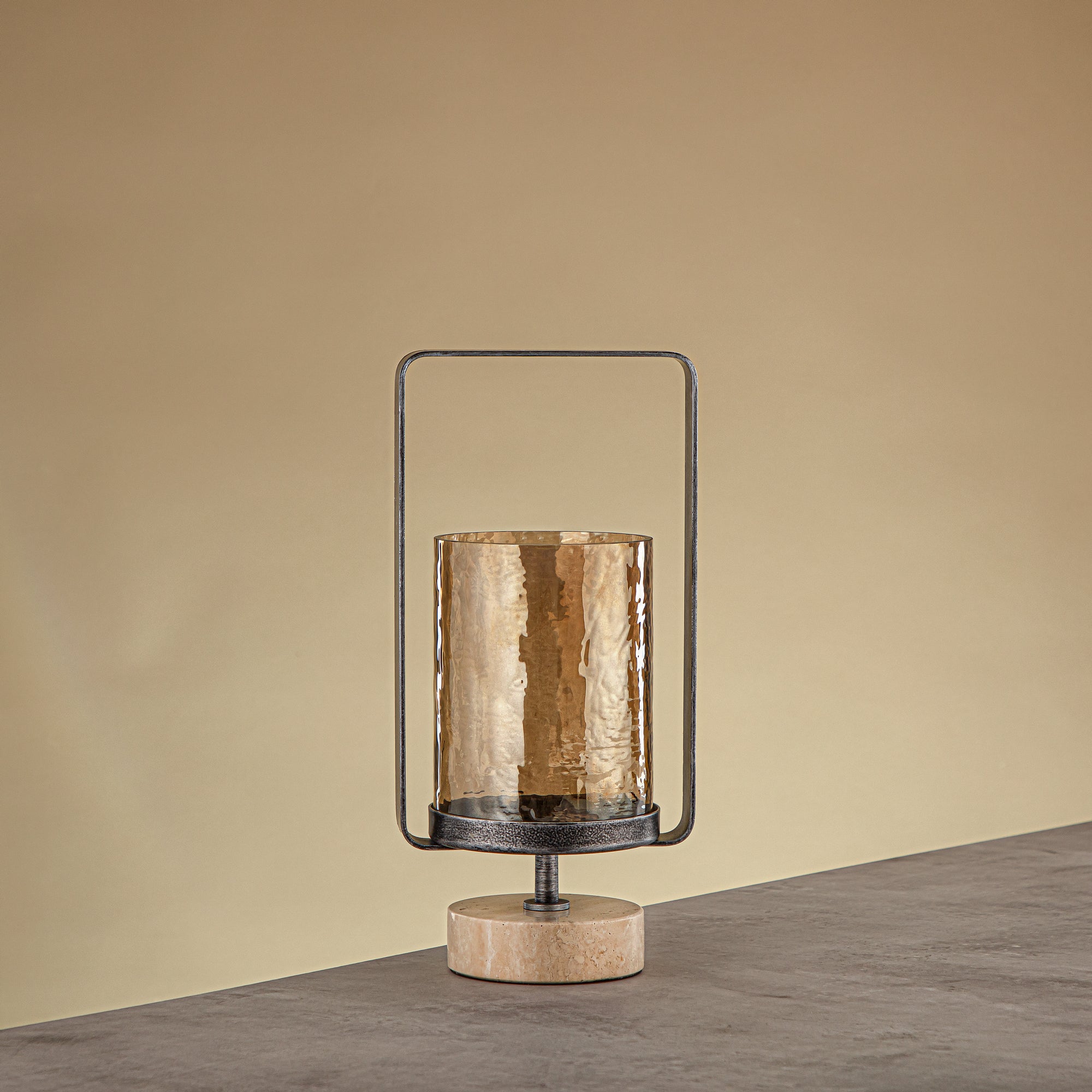 Almarjan Kalon Hurricane Lantern Hammered Copper Brown Glass 15.5x12.5x32.5 CM Brushed Grey & Travertine Base (GMT2960028)