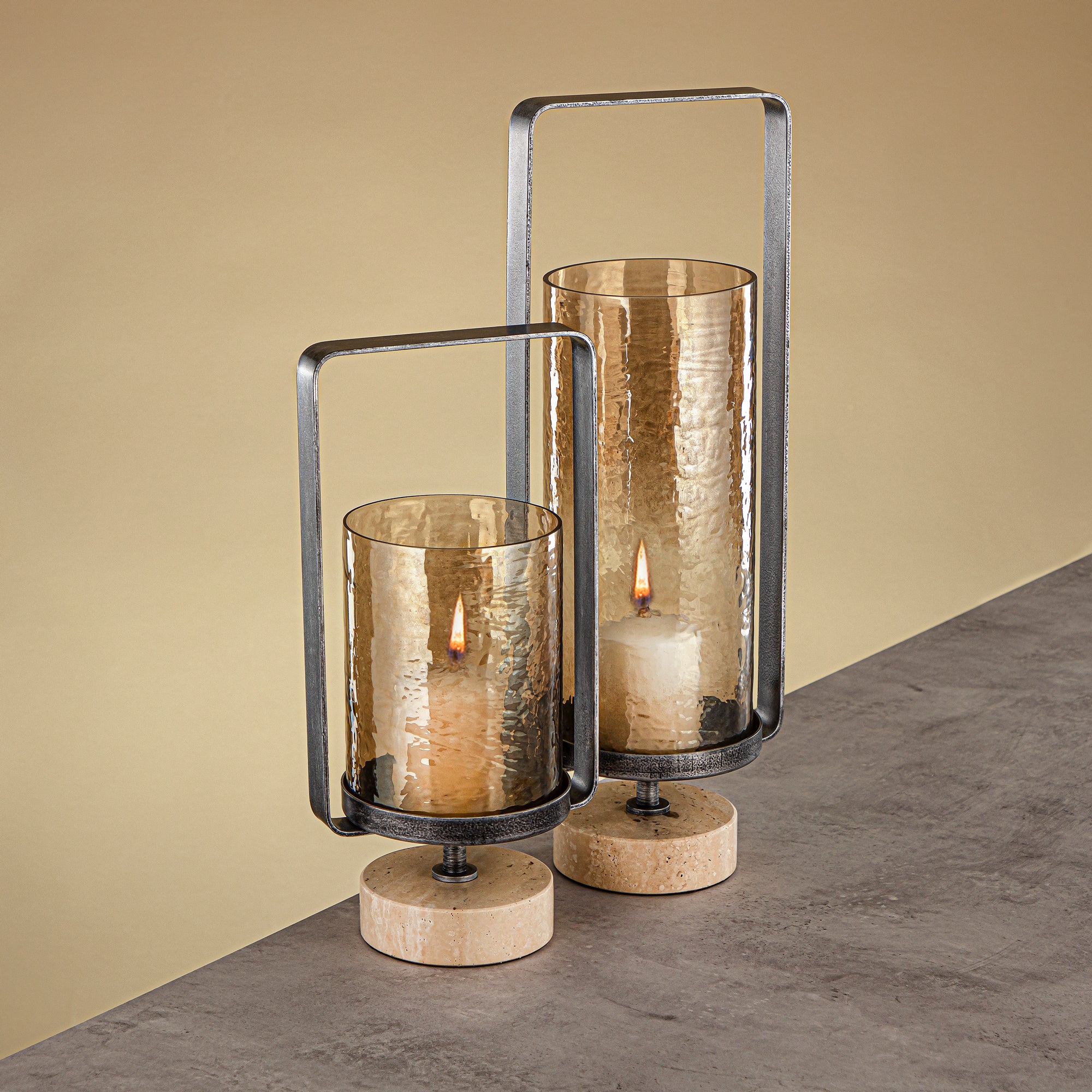 Almarjan Kalon Hurricane Lantern Hammered Copper Brown Glass 15.5x12.5x32.5 CM Brushed Grey & Travertine Base (GMT2960028)