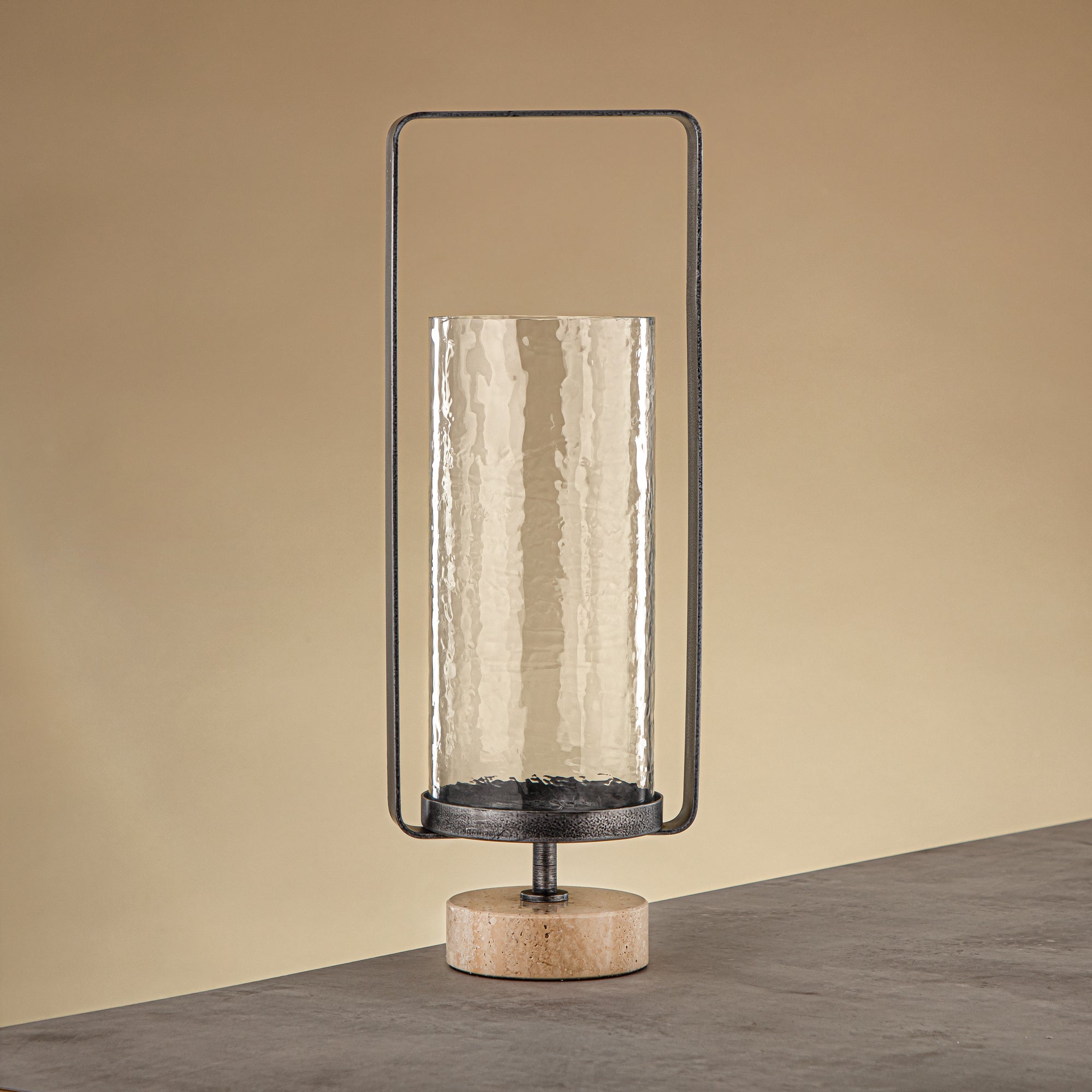Almarjan Kalon Hurricane Lantern Hammered Clear Glass 16x10.5x43.5 CM Brushed Grey & Travertine Base (GMT2960030)