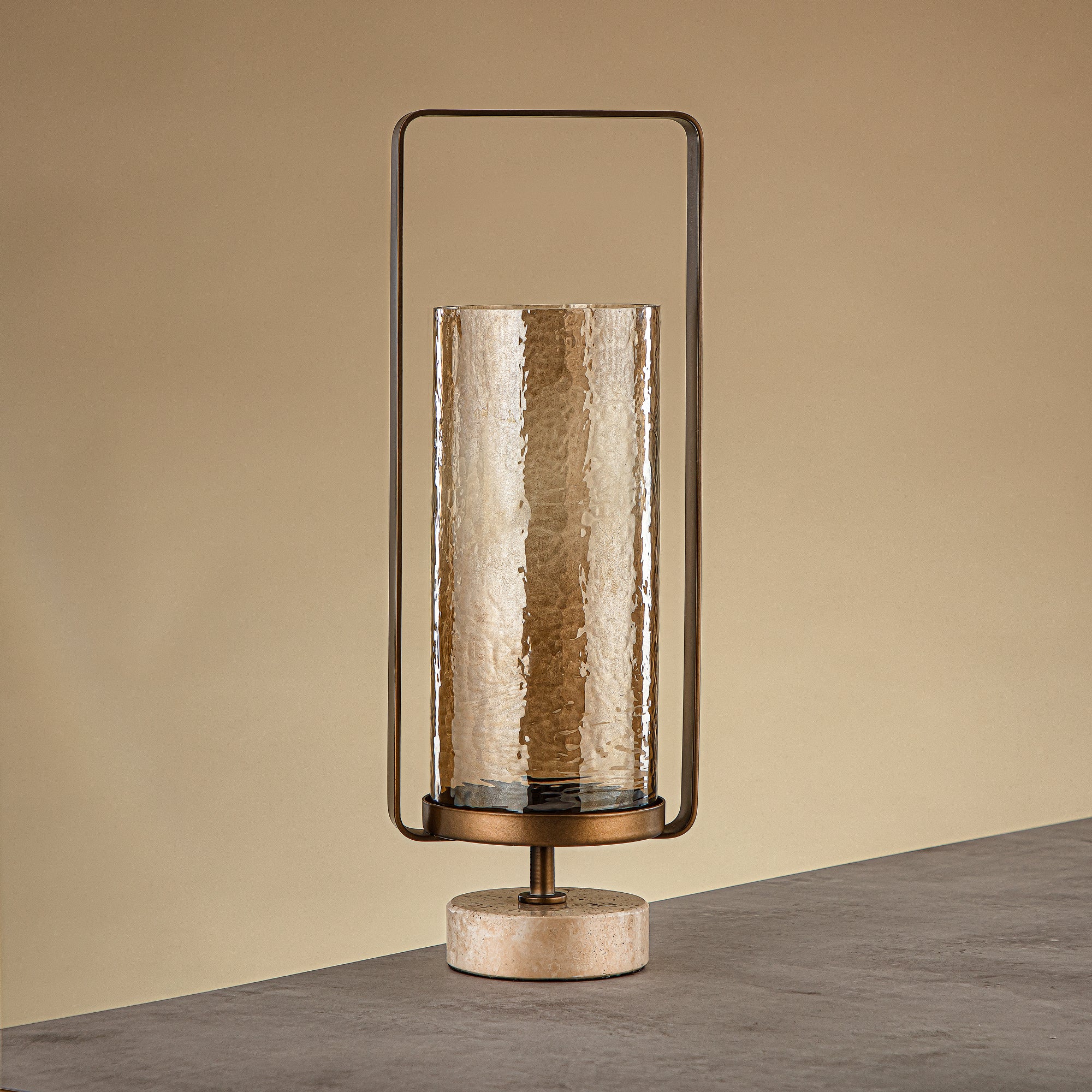 Almarjan Kalon Hurricane Lantern Hammered Copper Brown Glass 16x10.5x43.5 CM Brushed Gold & Travertine Base (GMT2960031)