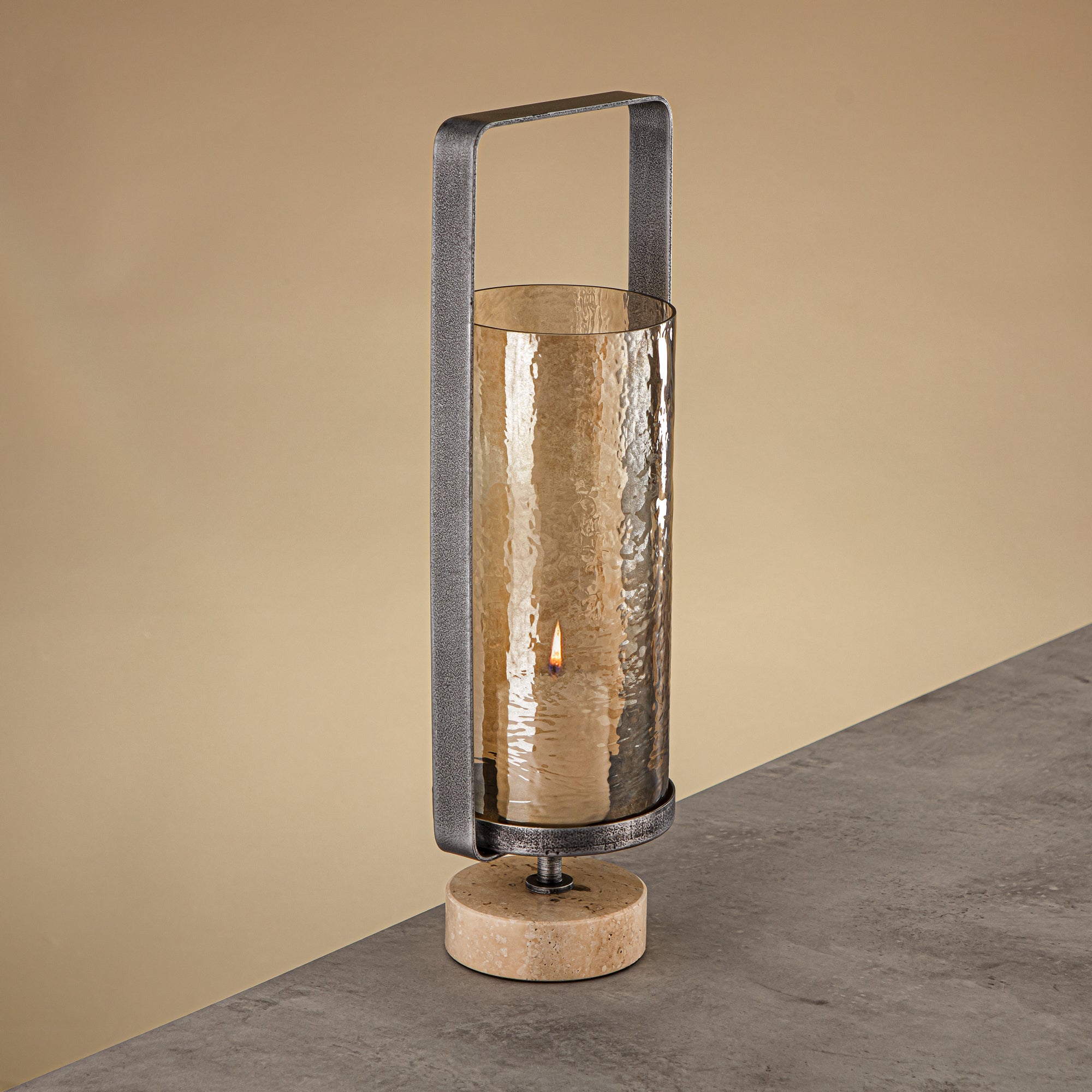 Almarjan Kalon Hurricane Lantern Hammered Copper Brown Glass 16x10.5x43.5 CM Brushed Grey & Travertine Base (GMT2960032)