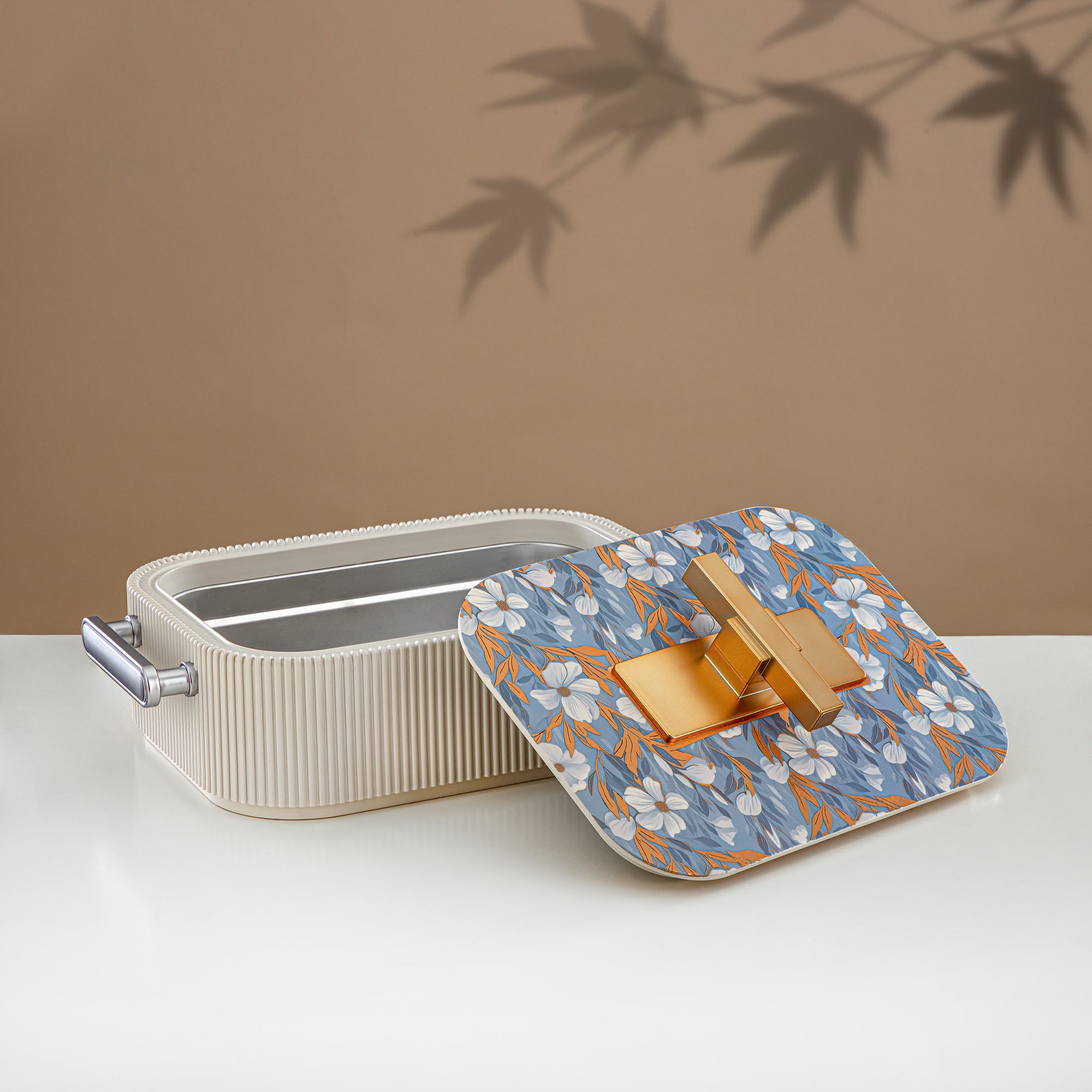 Almarjan Hot Pot ABS, 3000ML, Floral Beige & Matt Gold (HP06-300SP-AZ01G) - Elegant Serving