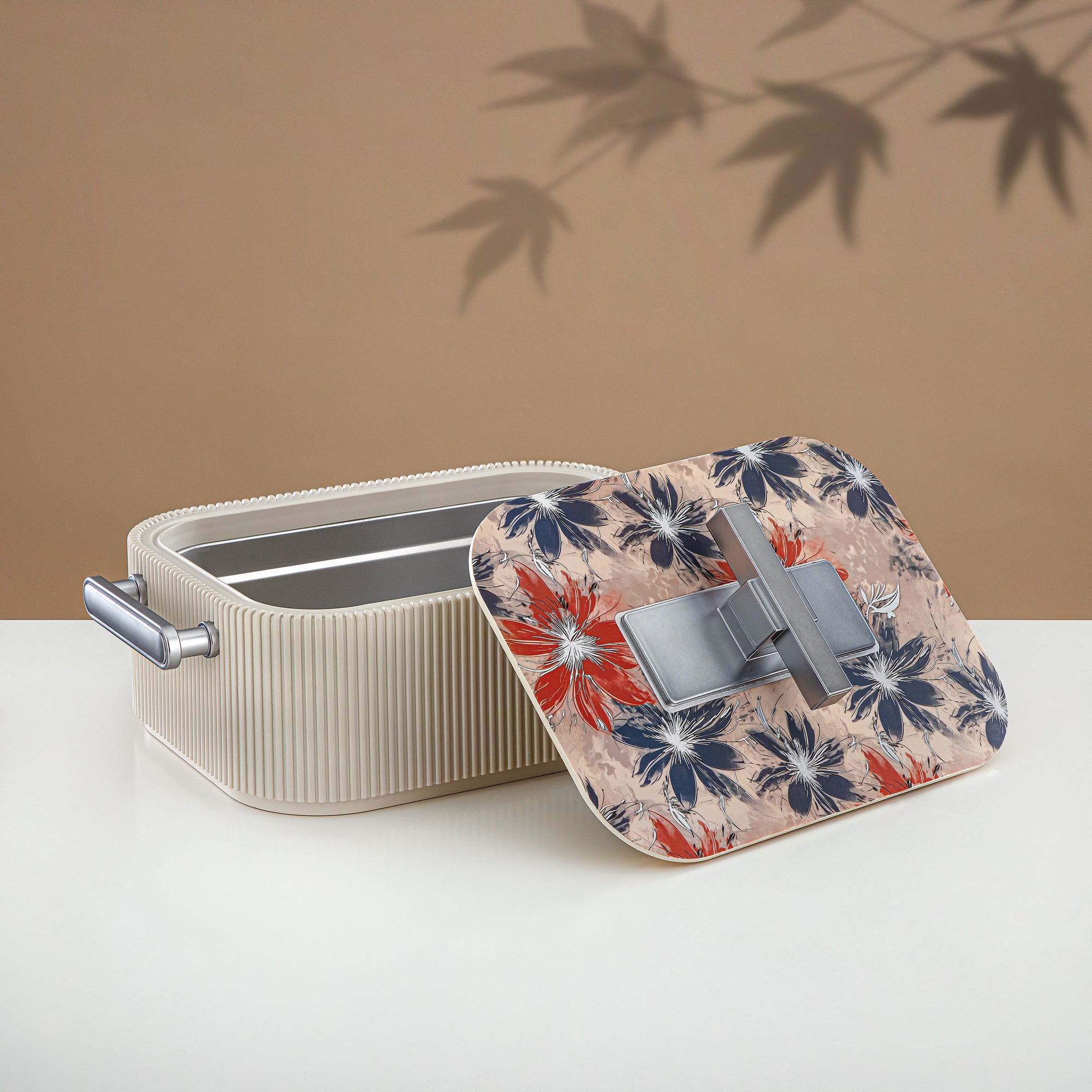 Almarjan Hot Pot ABS, 4000ML, Floral Beige & Matt Silver (HP06-400SP-AZ05S) - Elegant Serving