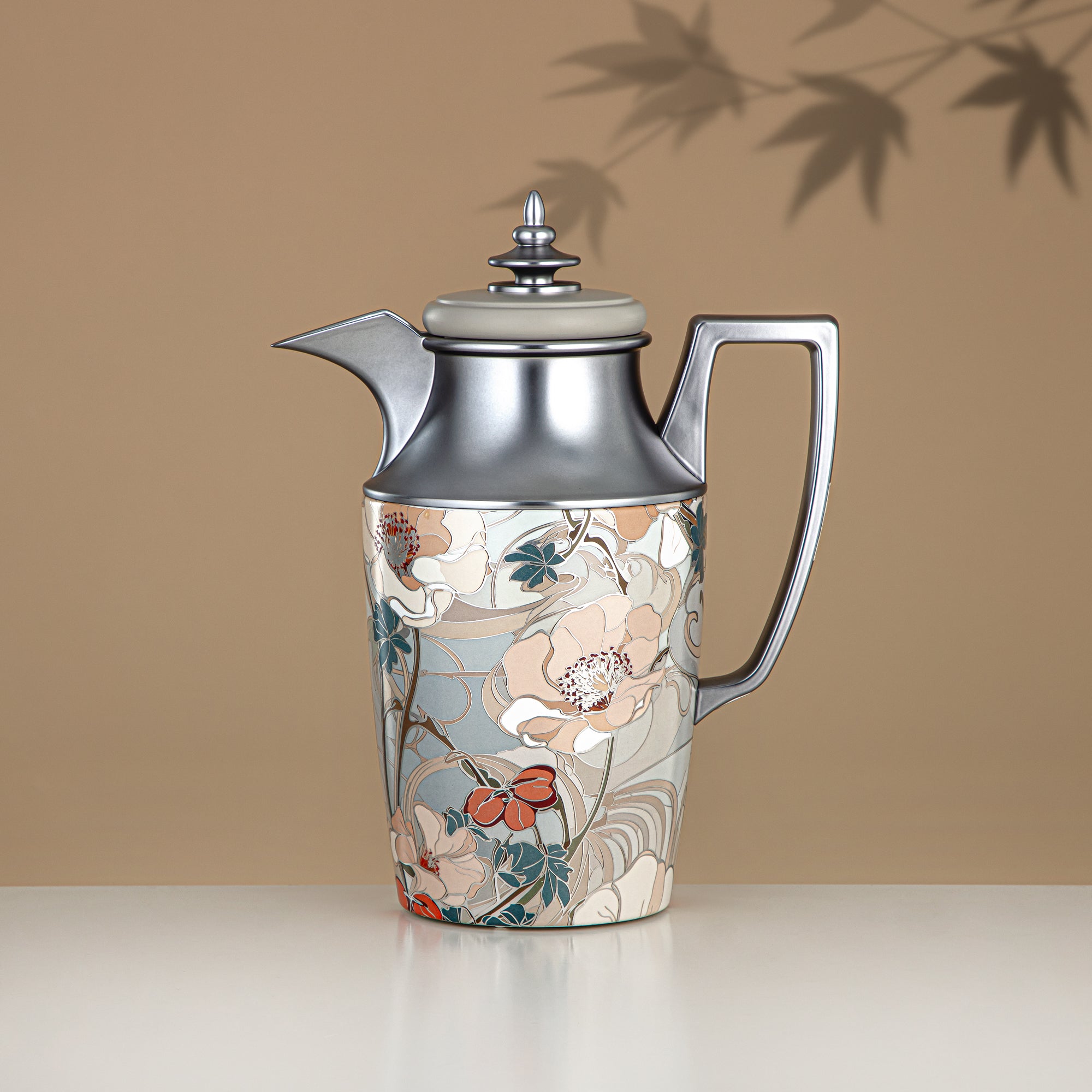 Almarjan Vacuum Flask Set, Push Button, 1L + 1L, Floral & Matt Silver (JBH10T/10C-AZ02S) - Tea & Coffee Vacuum Flask