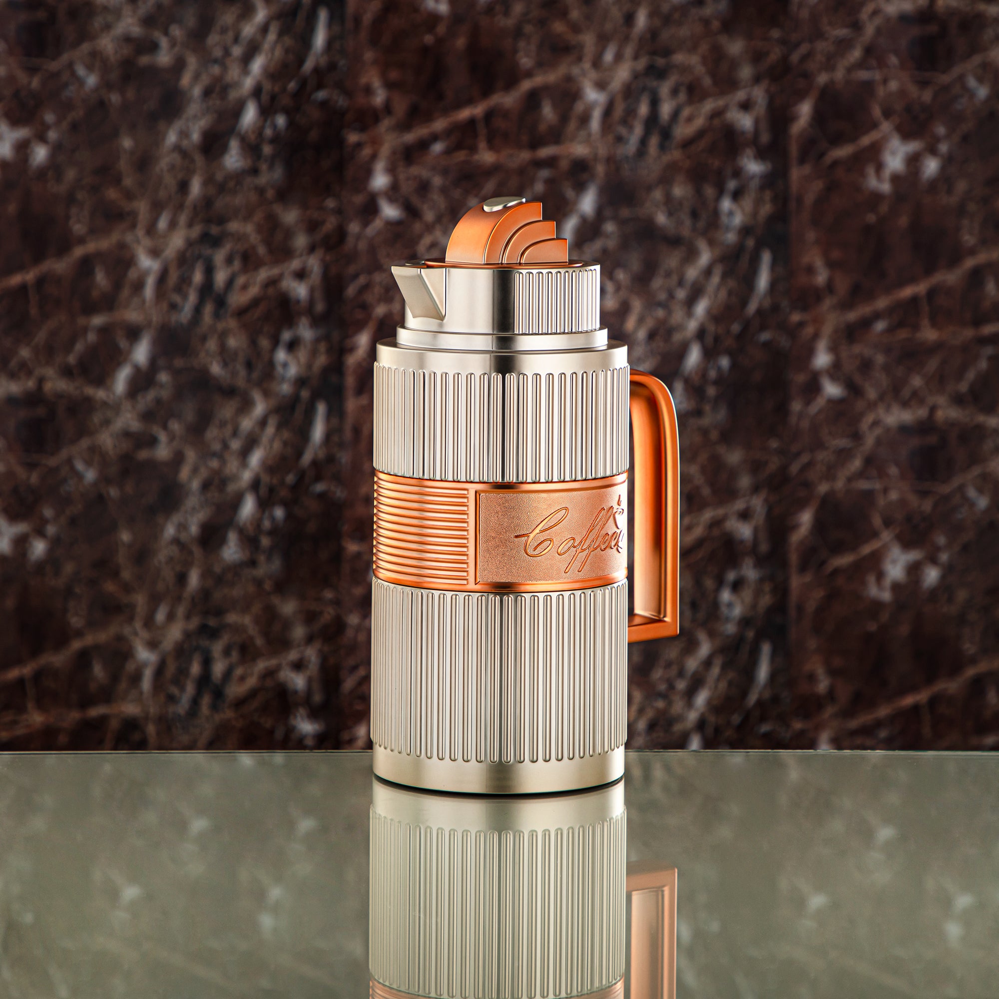 Almarjan Vacuum Flask Set, ABS, Push Button - 1L + 1L, Matt Silver & Matt Copper (OUD-MNMCP) - Tea & Coffee
