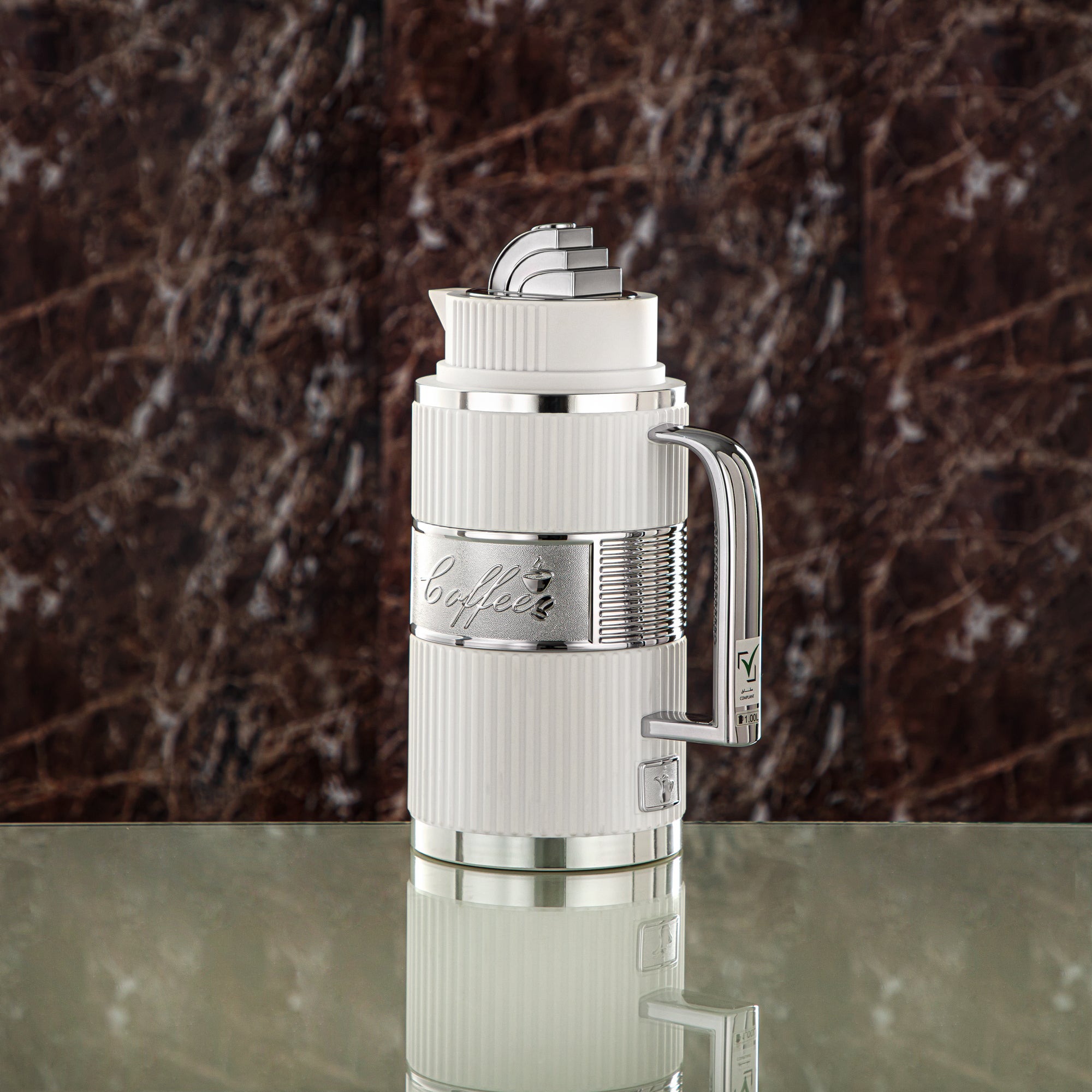 Almarjan Vacuum Flask Set, ABS, Push Button - 1L + 1L, White & Silver (OUD-MWS) - Tea & Coffee