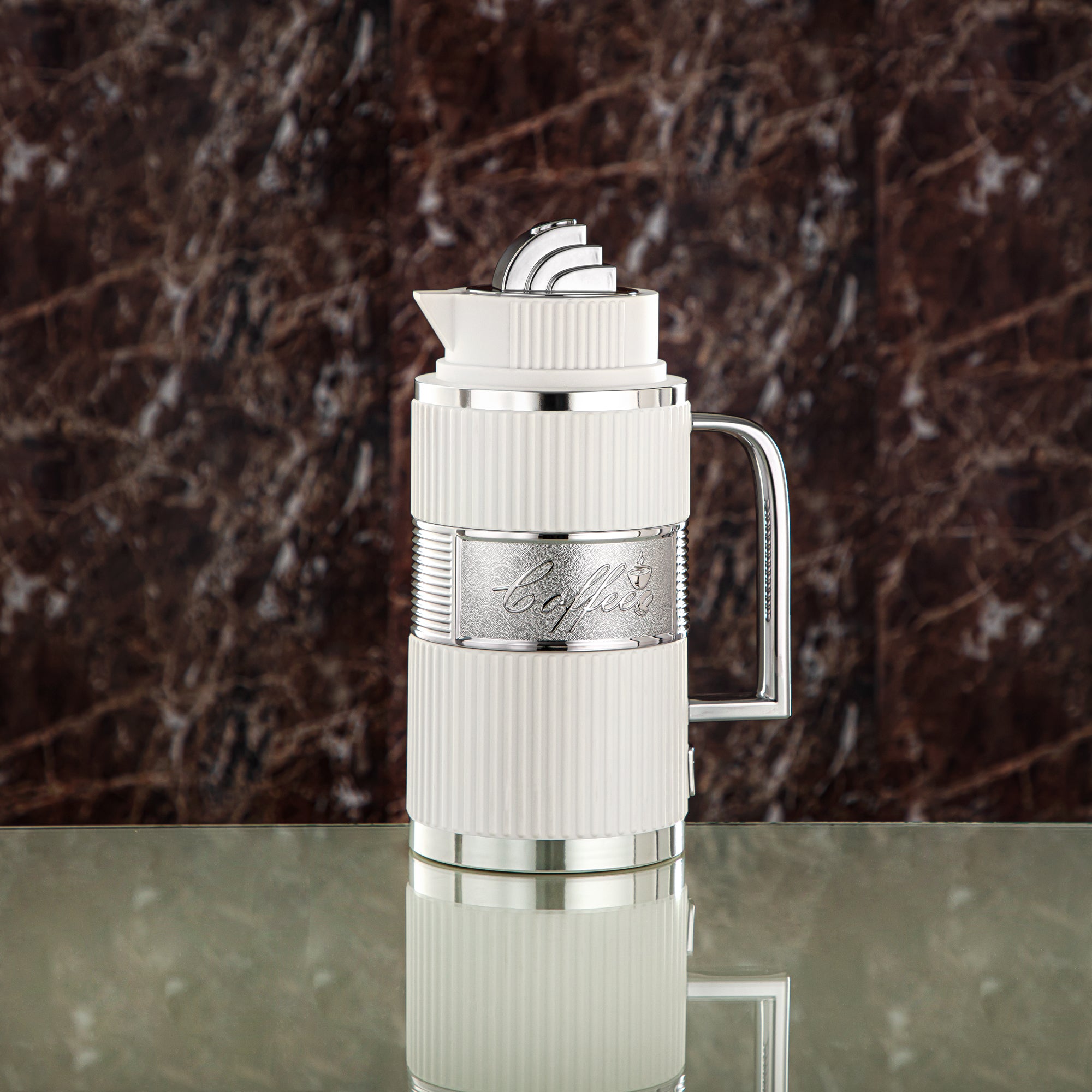 Almarjan Vacuum Flask Set, ABS, Push Button - 1L + 1L, White & Silver (OUD-MWS) - Tea & Coffee