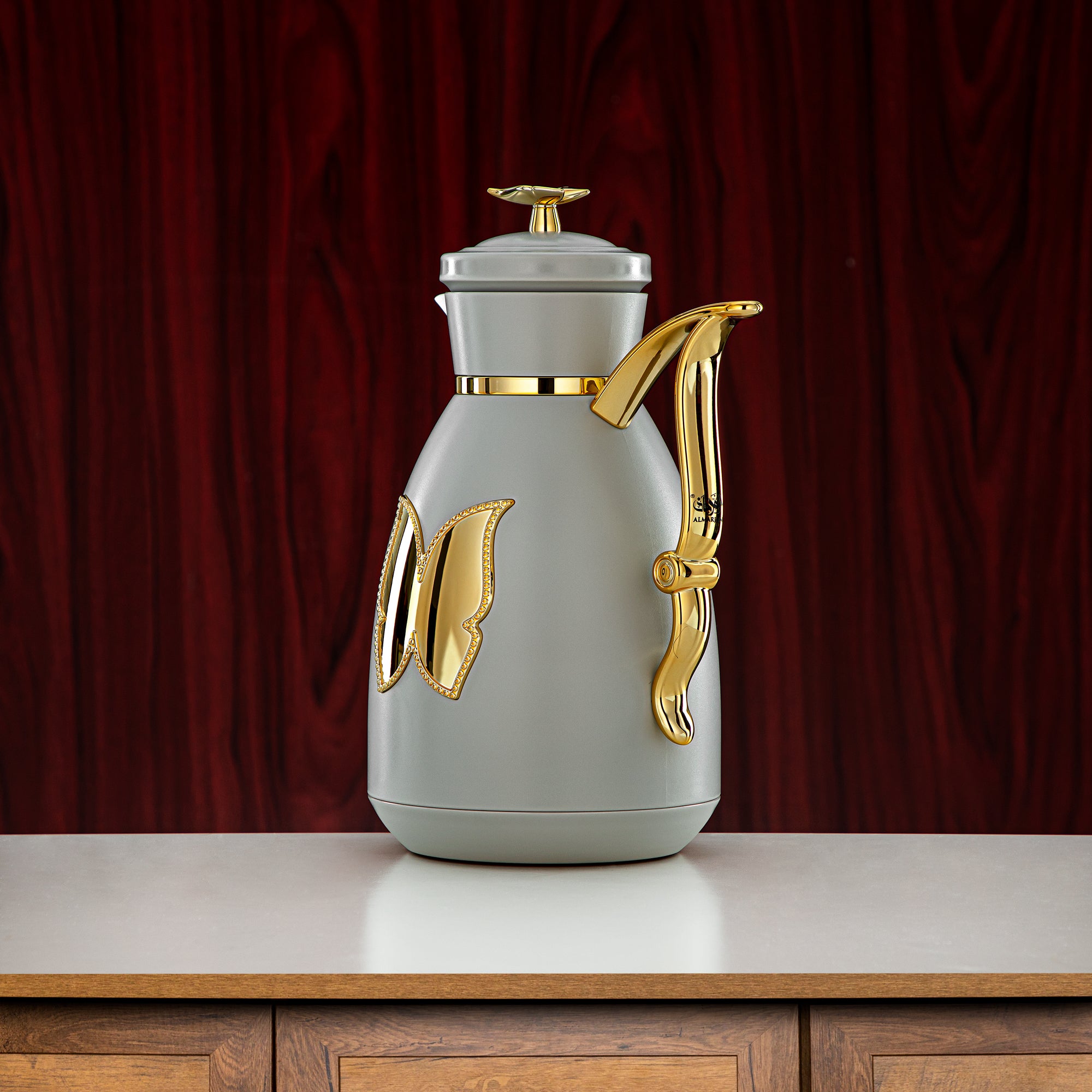 Almarjan Vacuum Flask Set Plastic Push Button 0.7L + 1L Light Grey & Gold (SM-2C142-070/100 LG/G) - Tea & Coffee Flask