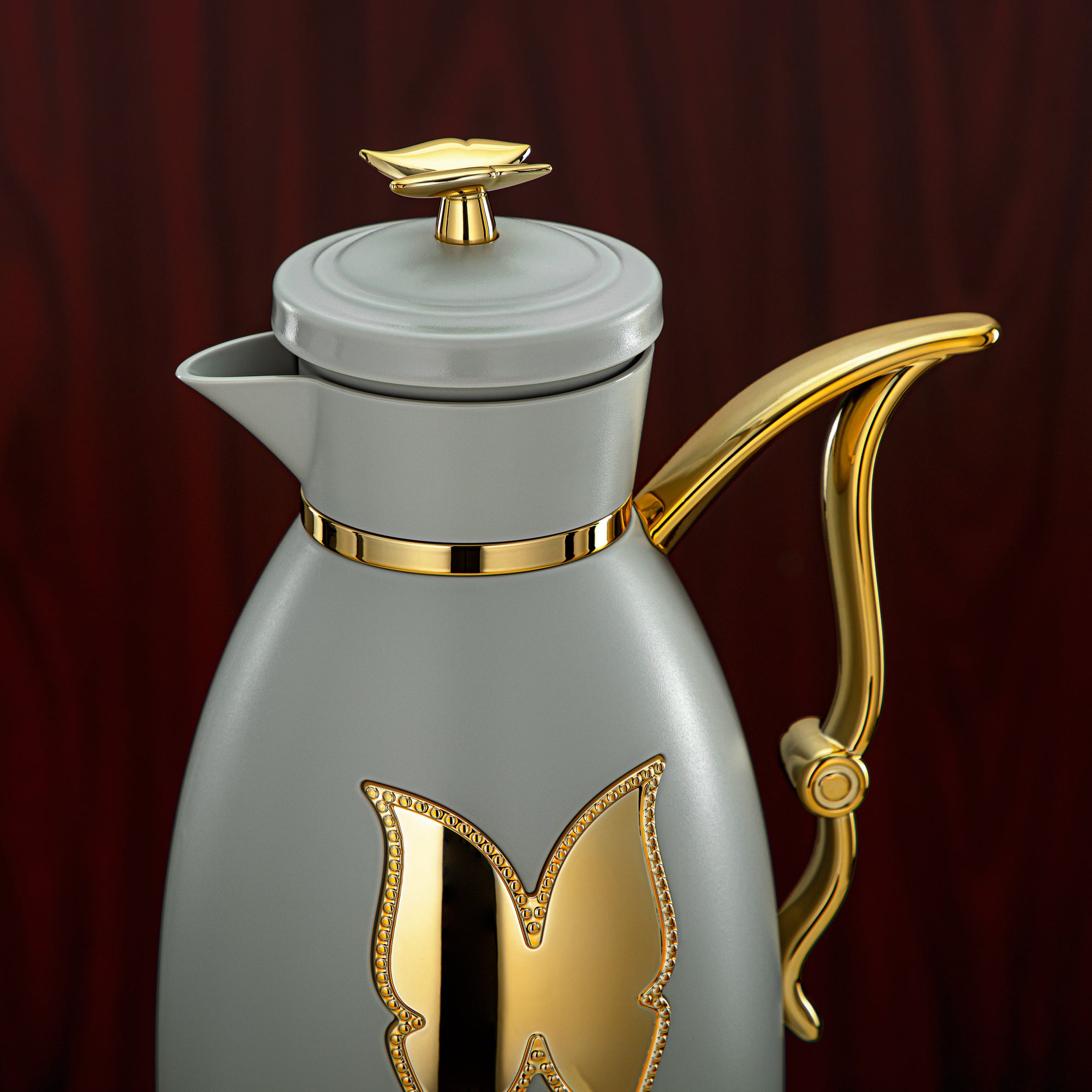 Almarjan Vacuum Flask Set Plastic Push Button 0.7L + 1L Light Grey & Gold (SM-2C142-070/100 LG/G) - Tea & Coffee Flask