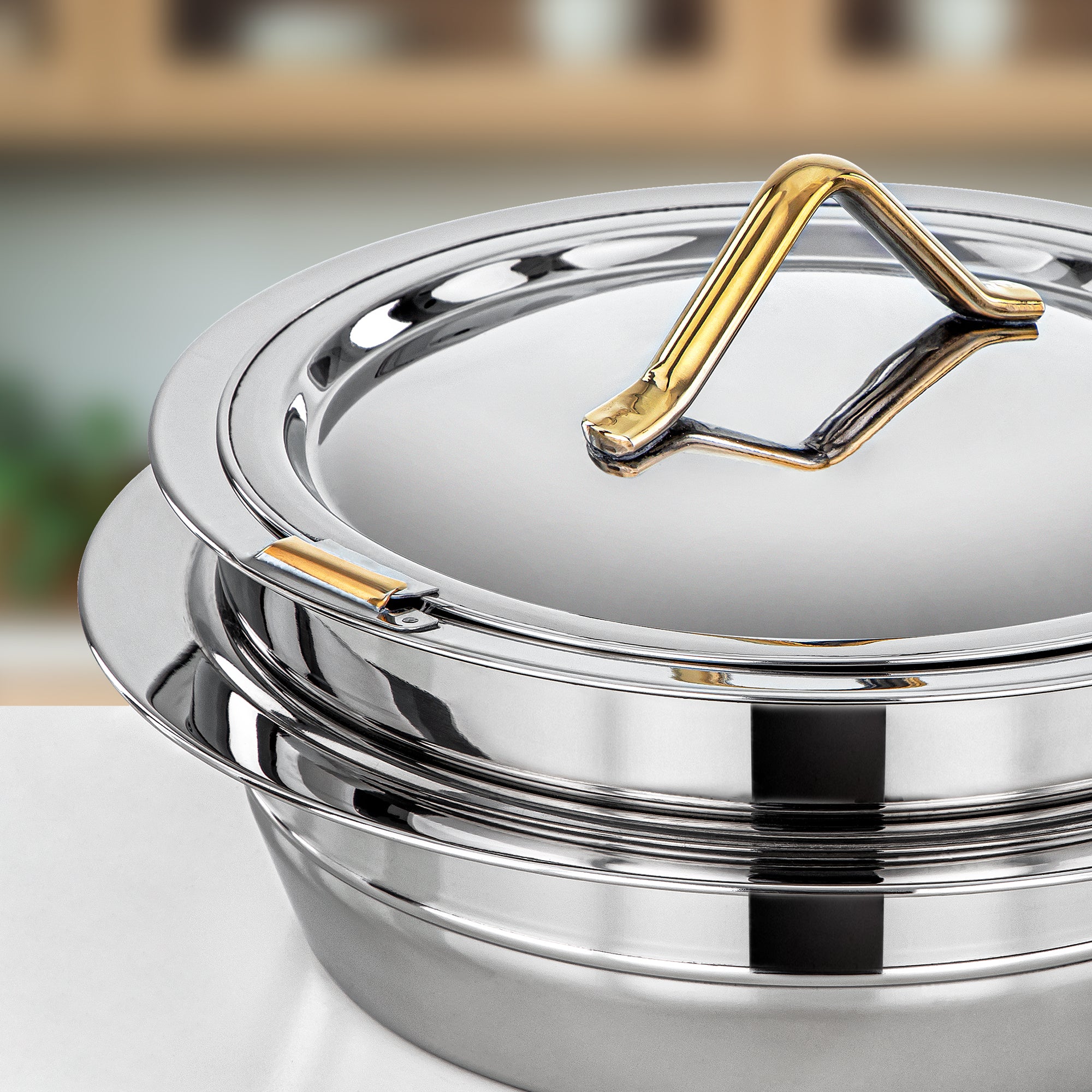 Almarjan Hot Pot Set Stainless Steel 3000ml + 4000ml + 6000ml (H25PG6) – Tara Collection | Silver Mirror Finish with Golden Knob | Elegant Serving for Ramadan & Gatherings
