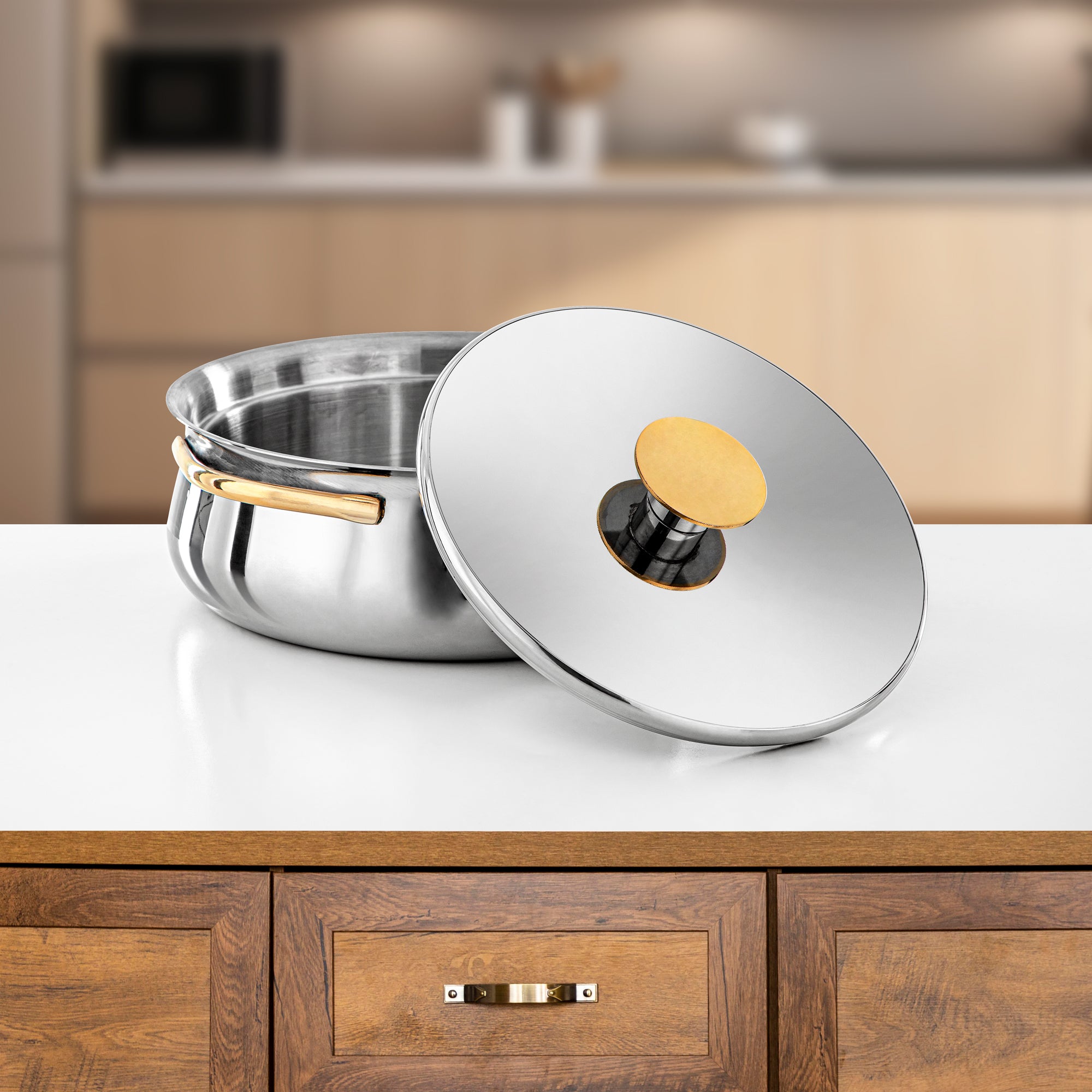 Almarjan Hot Pot Stainless Steel, 25CM (2500ML), Silver & Gold (H25PG15) - Jawaher Collection