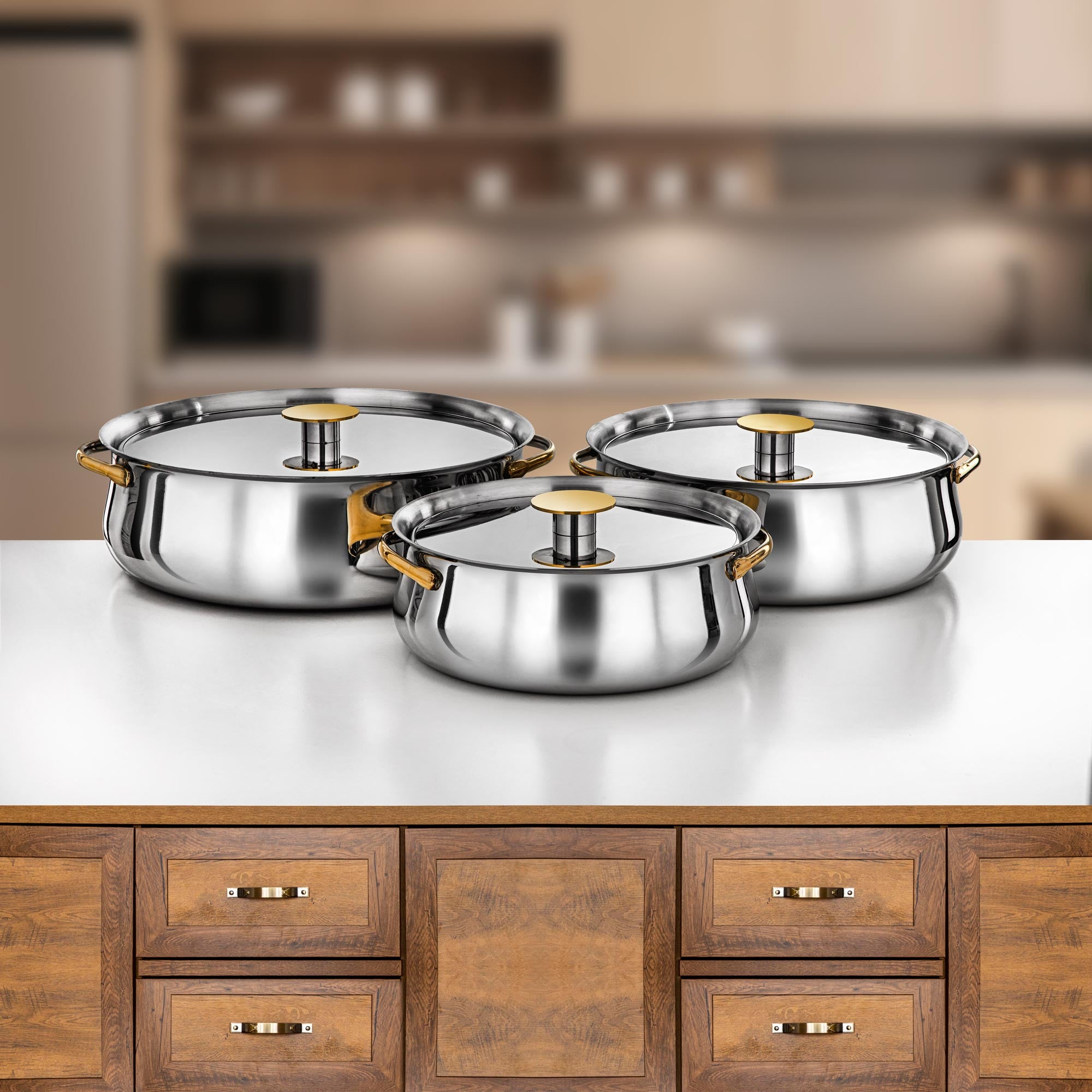 Almarjan Hot Pot Set Stainless Steel 25cm + 30cm + 35cm Silver & Gold (H25PG15)