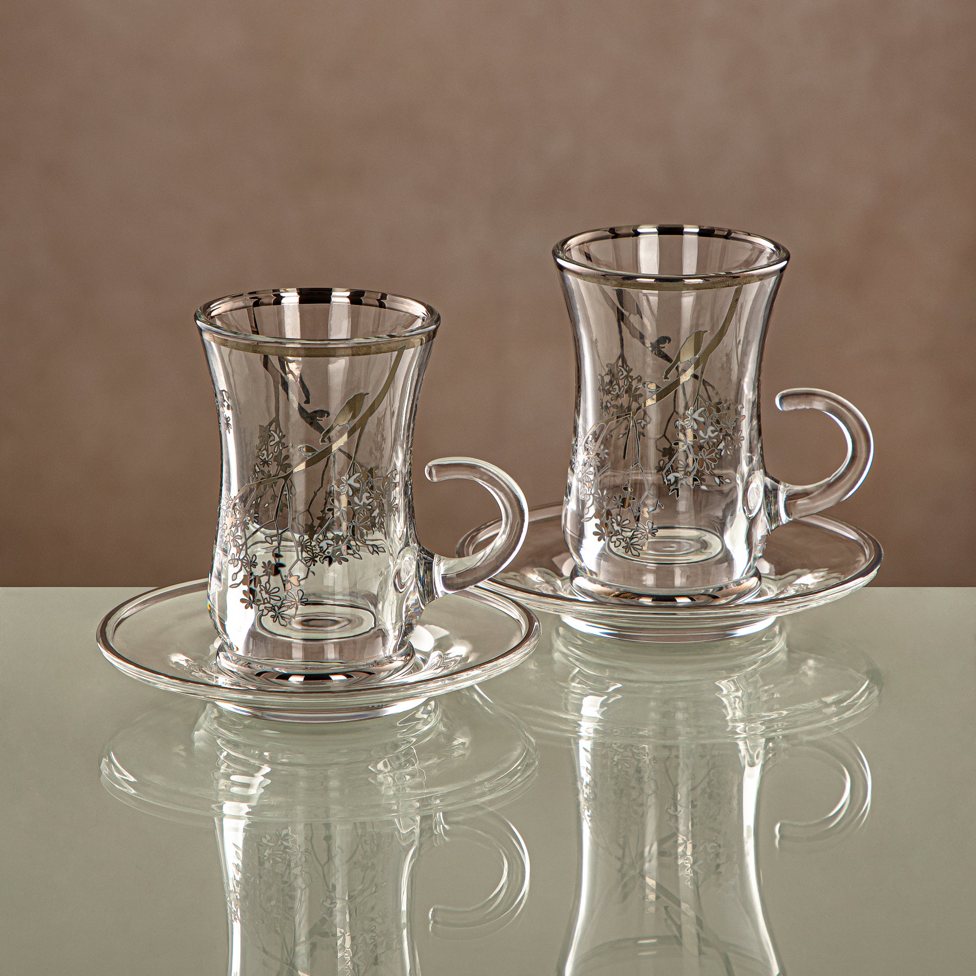 طقم استكانات وصحون شاي المرجان شفاف وفضي 6 قطع (1496BJ-0001P-XQZT-SIL) التجمعات، المناسبات الخاصة، رمضان، العيد