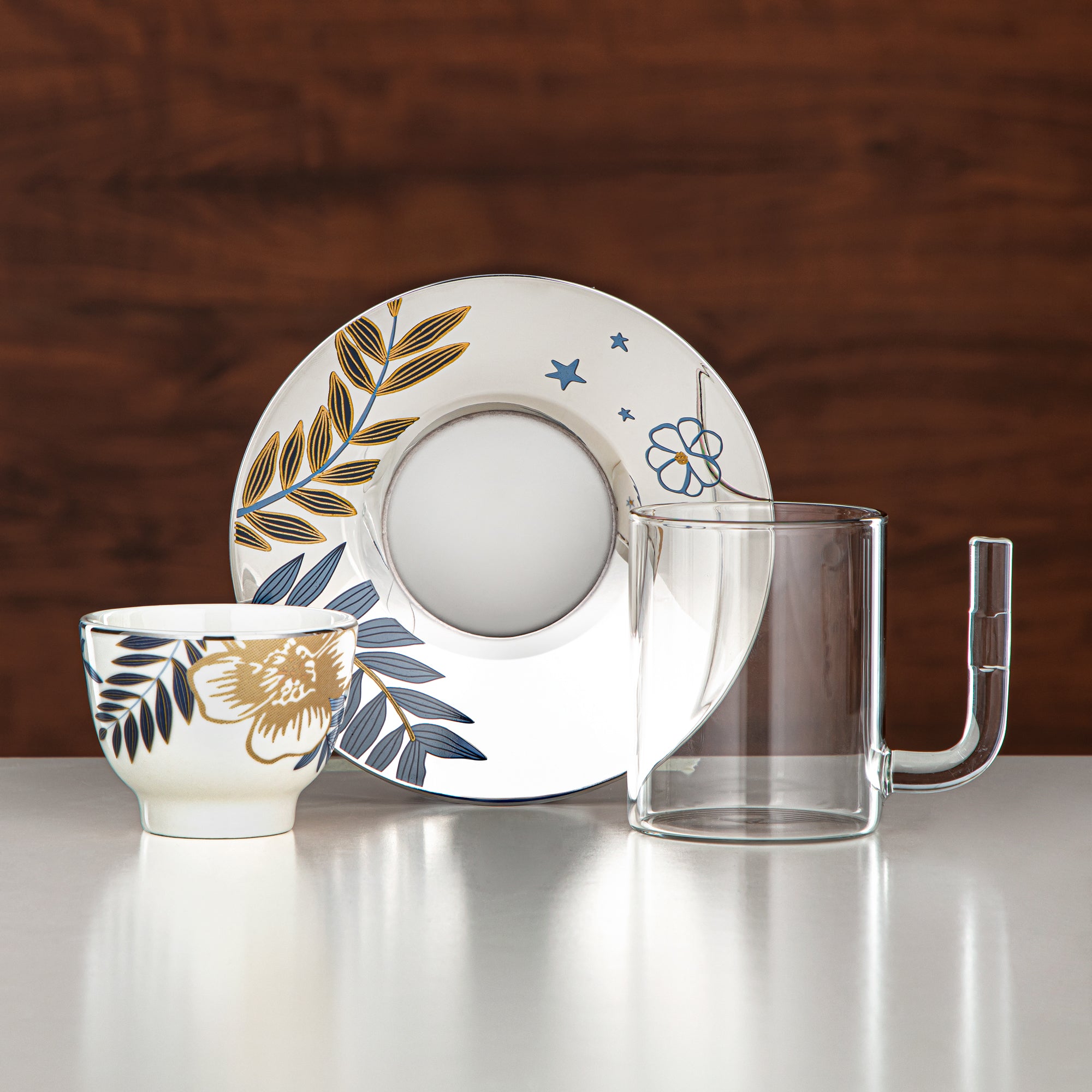 طقم شاي المرجان زجاج بوروسيليكات، ستانلس ستيل وخزف 18 قطعة (18PCS-12196-2) – مجموعة الشاي النباتية الزرقاء