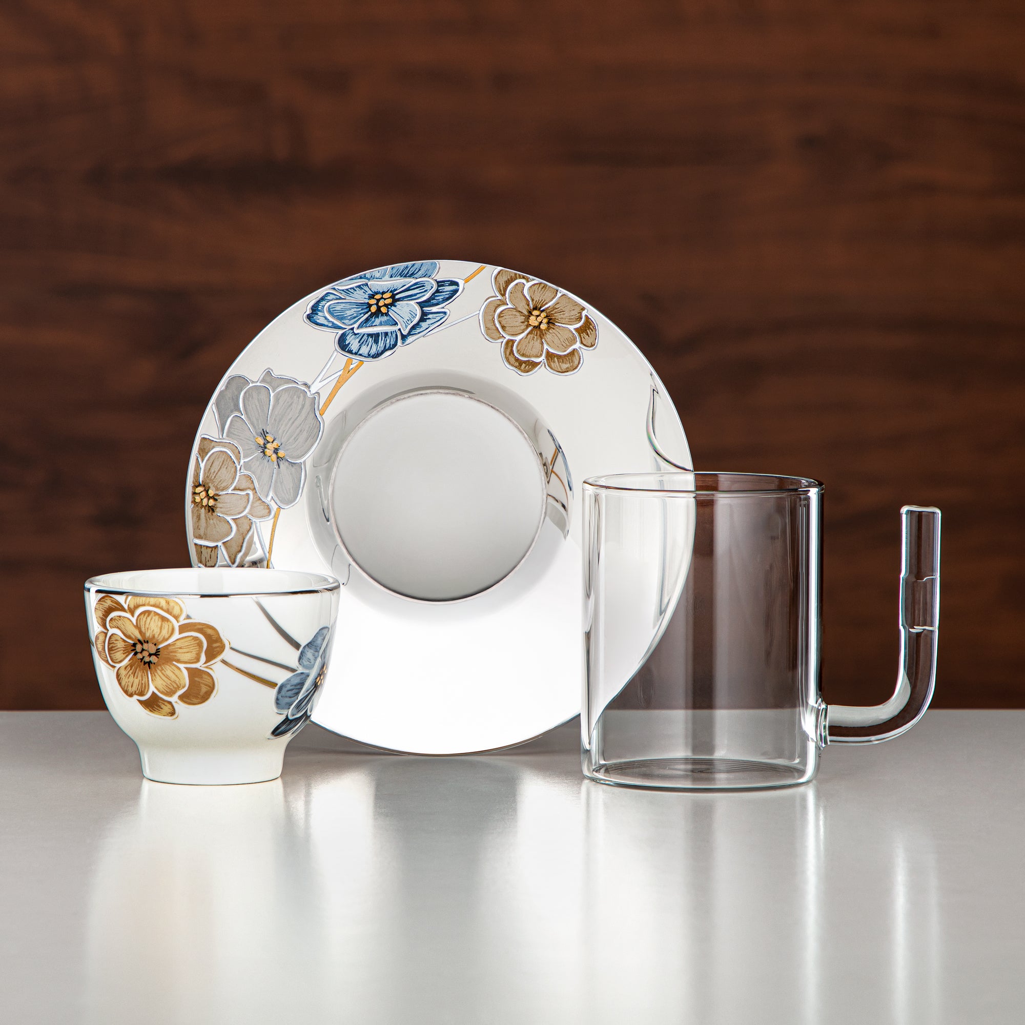 طقم شاي المرجان زجاج بوروسيليكات، ستانلس ستيل وخزف 18 قطعة (18PCS-12256-2) – مجموعة شاي زهور عصرية