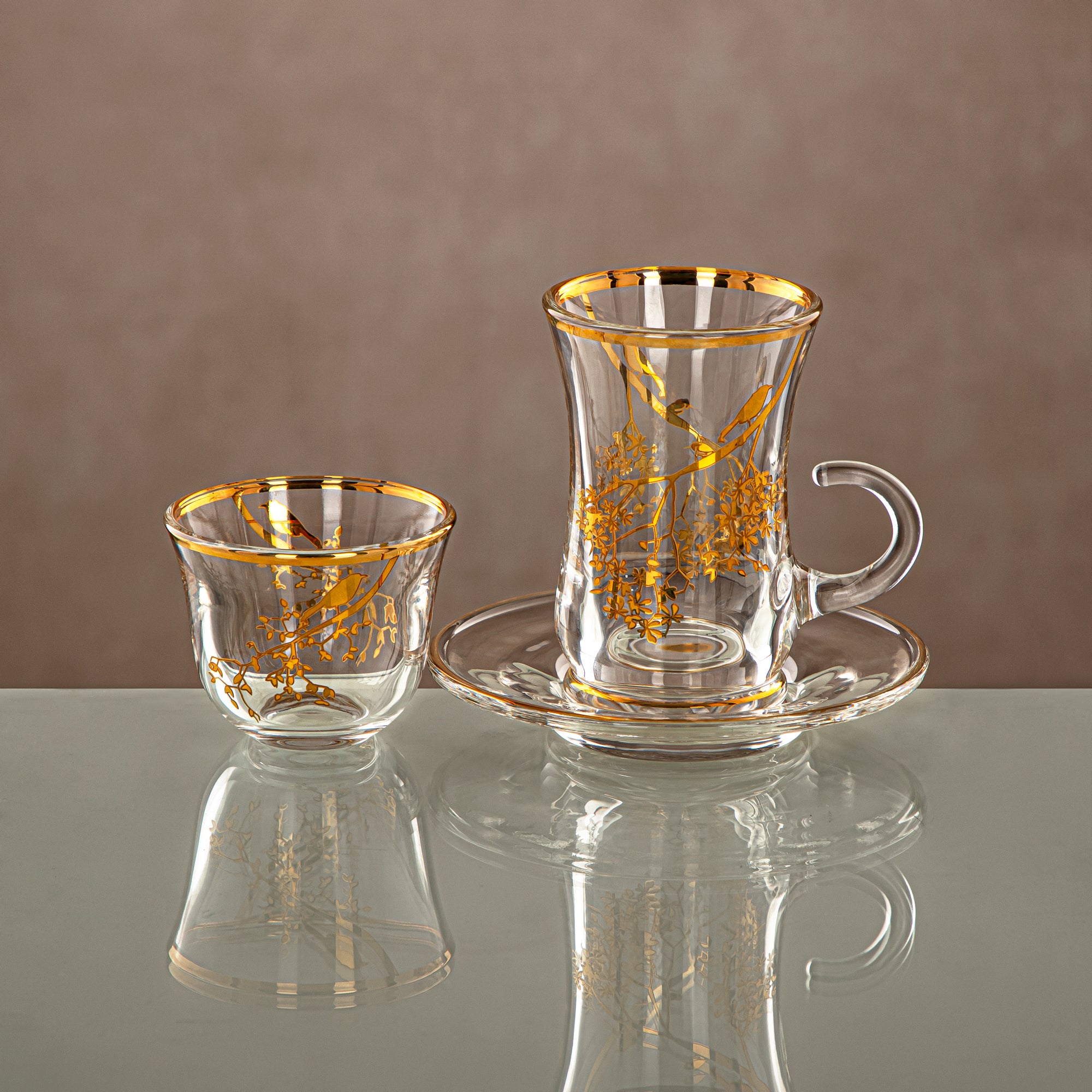 طقم استكانات و فناجين المرجان شفاف وذهبي 18 قطعة (18PCS SET-XQZT-GLD) التجمعات، المناسبات الخاصة، رمضان، العيد