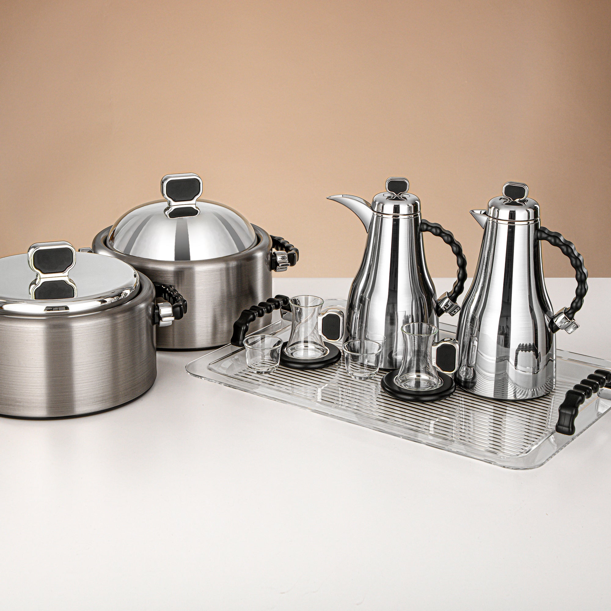 Almarjan 23 Pieces Serving Set, Brushed Silver & Matt Black