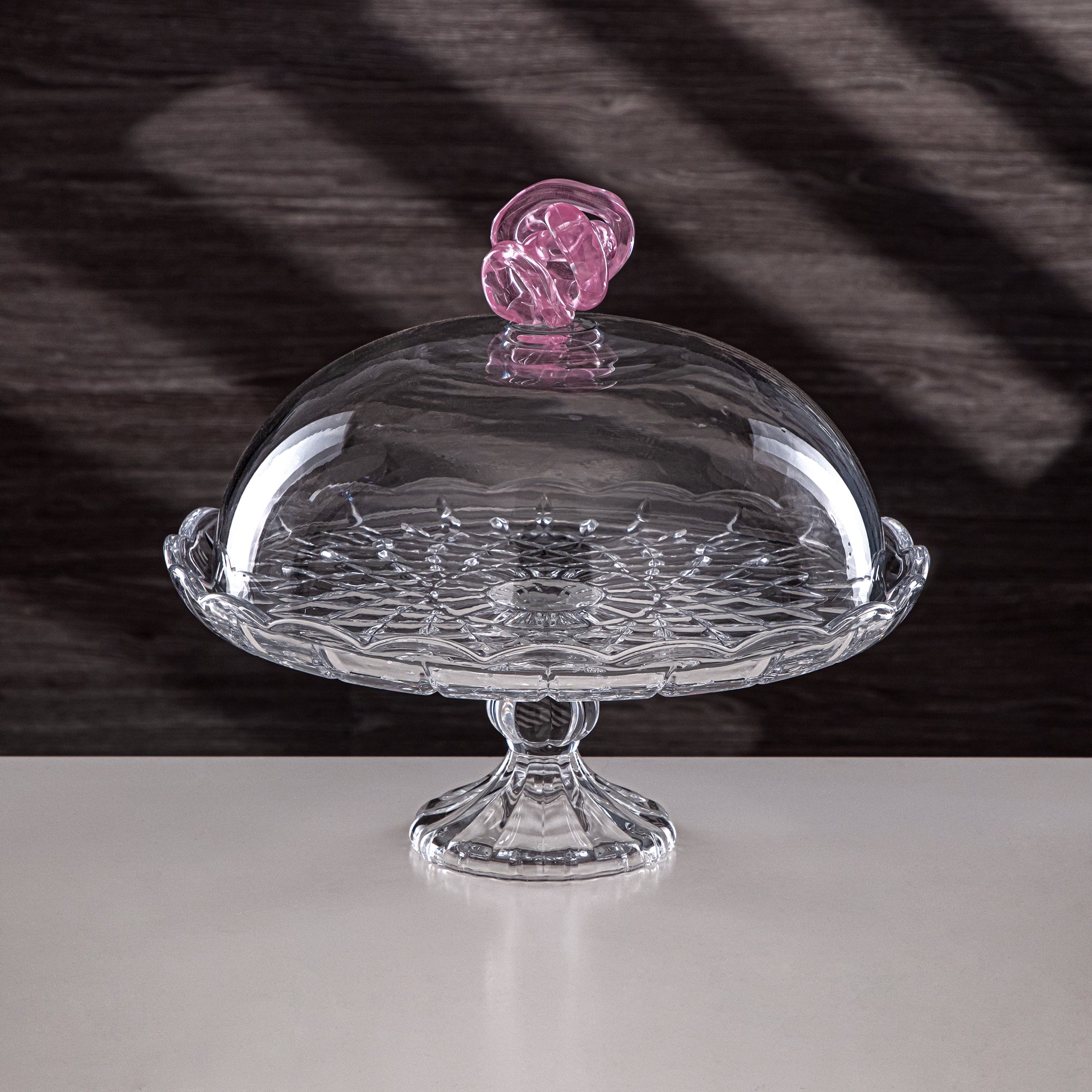 Almarjan Cake Stand Glass Round Clear with Pink Knot