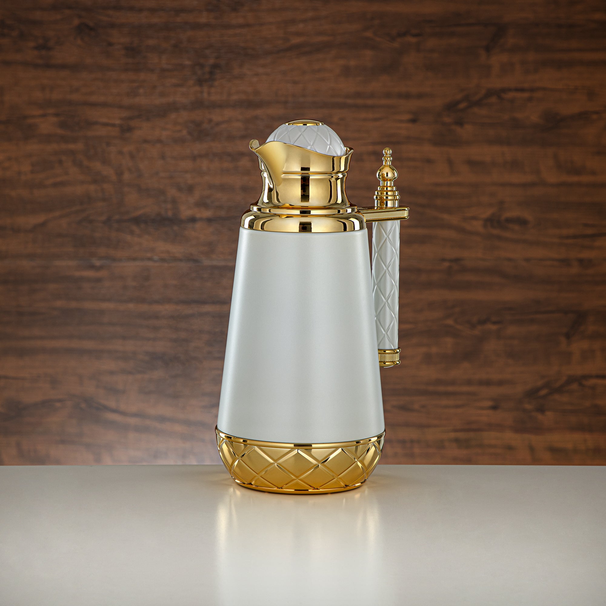 Almarjan Vacuum Flask Set, Push Button - 0.7L + 1L, White & Gold (CBY+CBZ-RWG) - Classic Vacuum Flasks