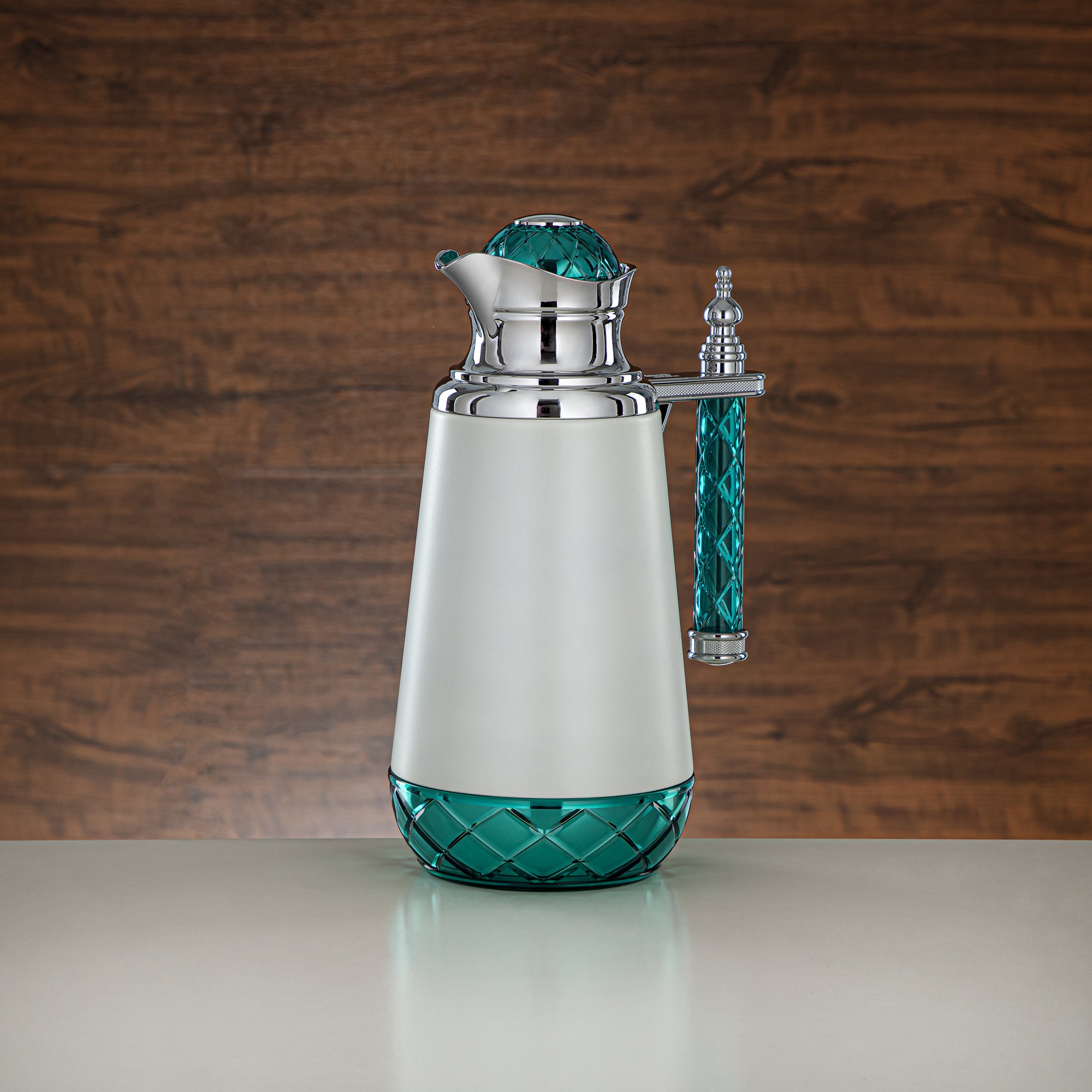 Almarjan Vacuum Flask Set, Push Button, Acrylic Handle - 0.7L + 1L, White, Silver & Green (CBY+CBZ-WGC) - Classic Vacuum Flasks